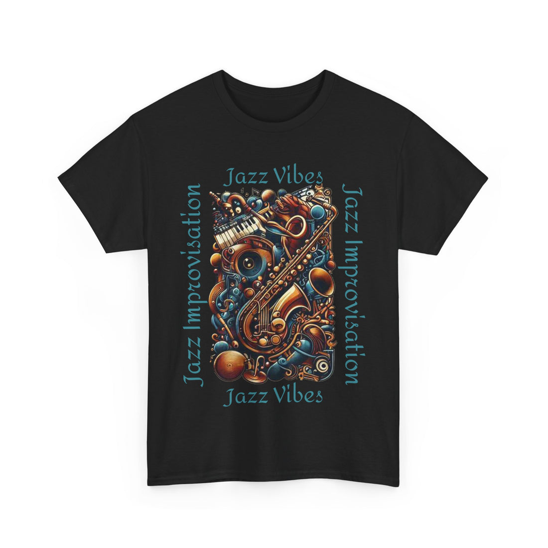 A black t shirt with an abstract jazz music design highlighting a sax and keyboards. The text states ‘Jazz Vibes, Jazz Improvisation.’
