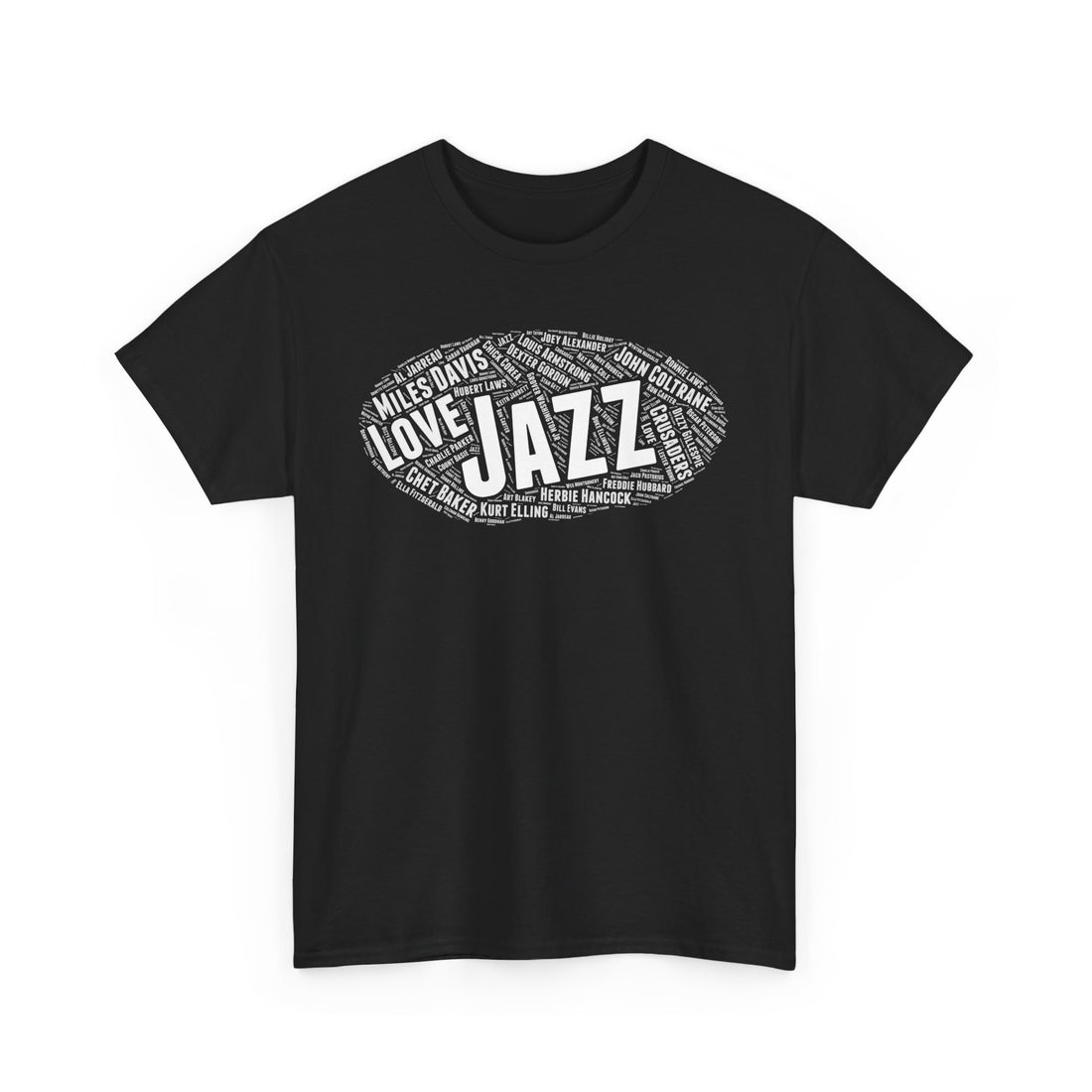 A black t shirt with white word art text in an oval shape promoting jazz music’s great artists