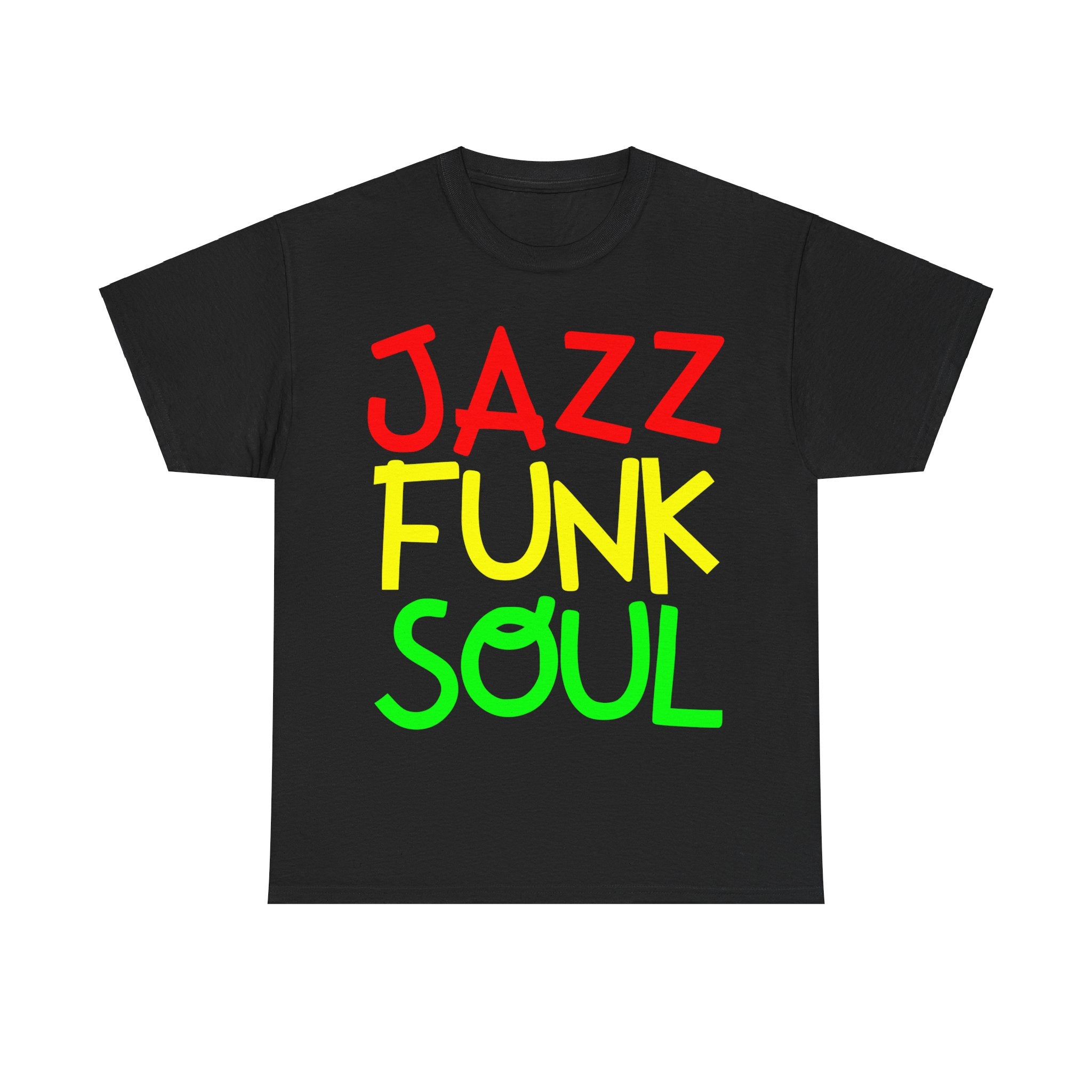 A black t shirt with unusual funky font saying JAZZ, FUNK, SOUL, in red, yellow & green.
