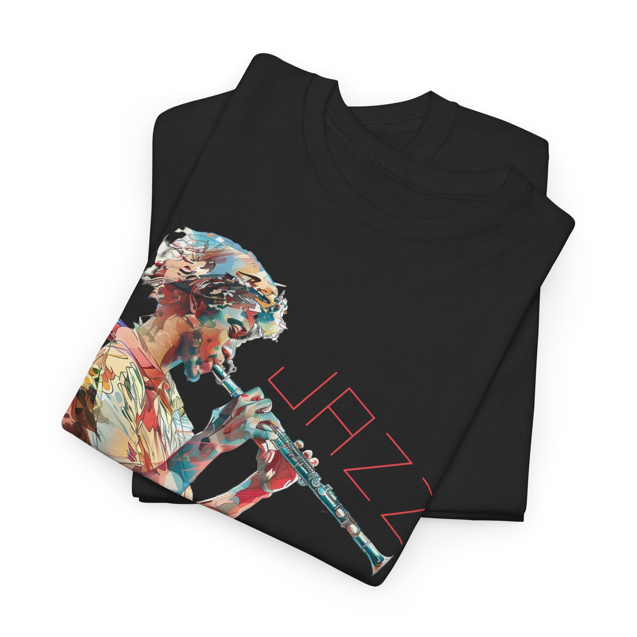 An image of a jazz clarinet player on a black t shirt.