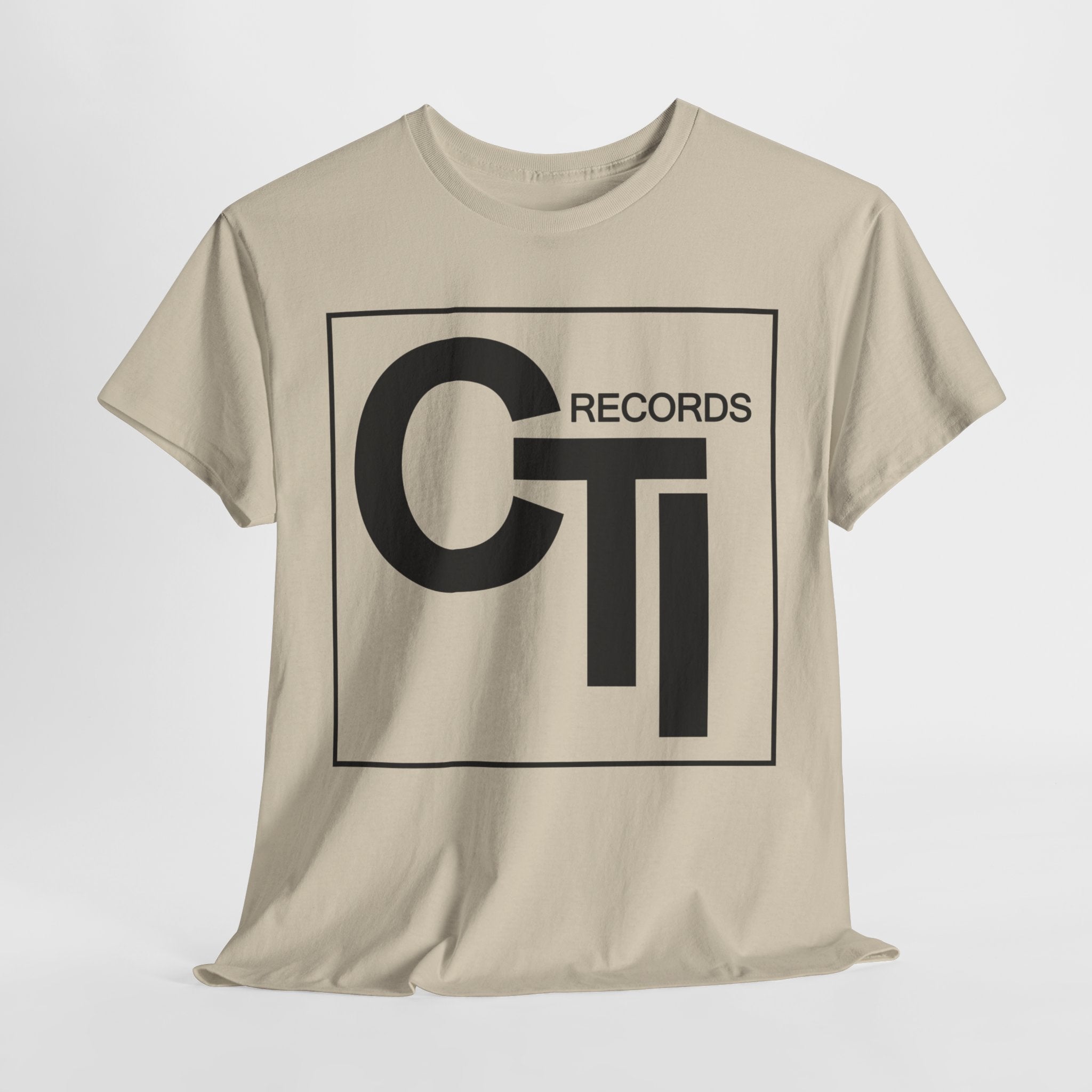 CTI Records Logo in black text on multi colored t-shirts