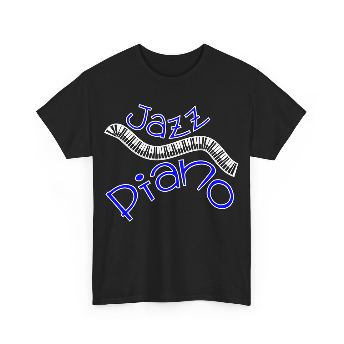 Graphic t-shirt design featuring a curved piano keyboard with the words &