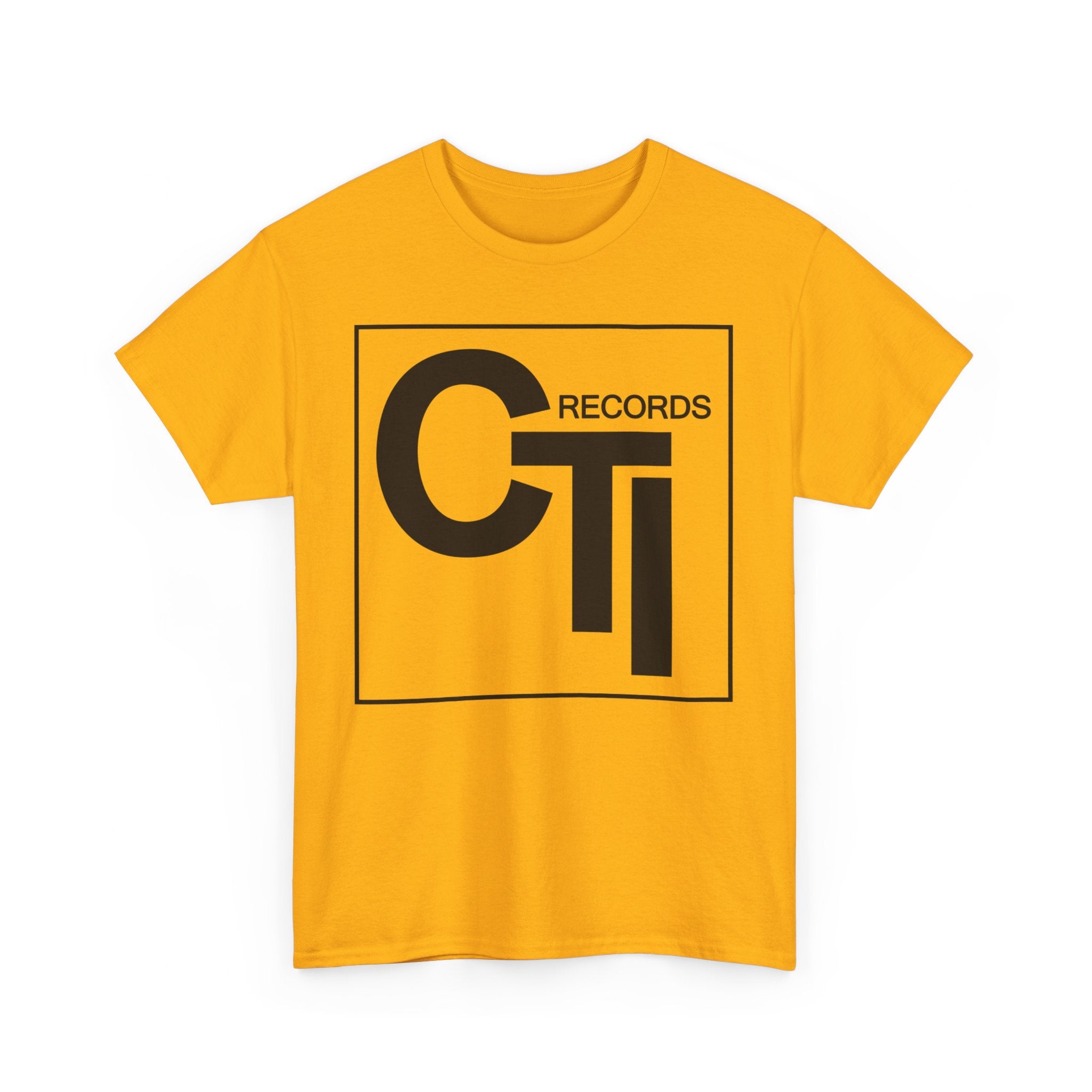 CTI Records Logo in black text on multi colored t-shirts