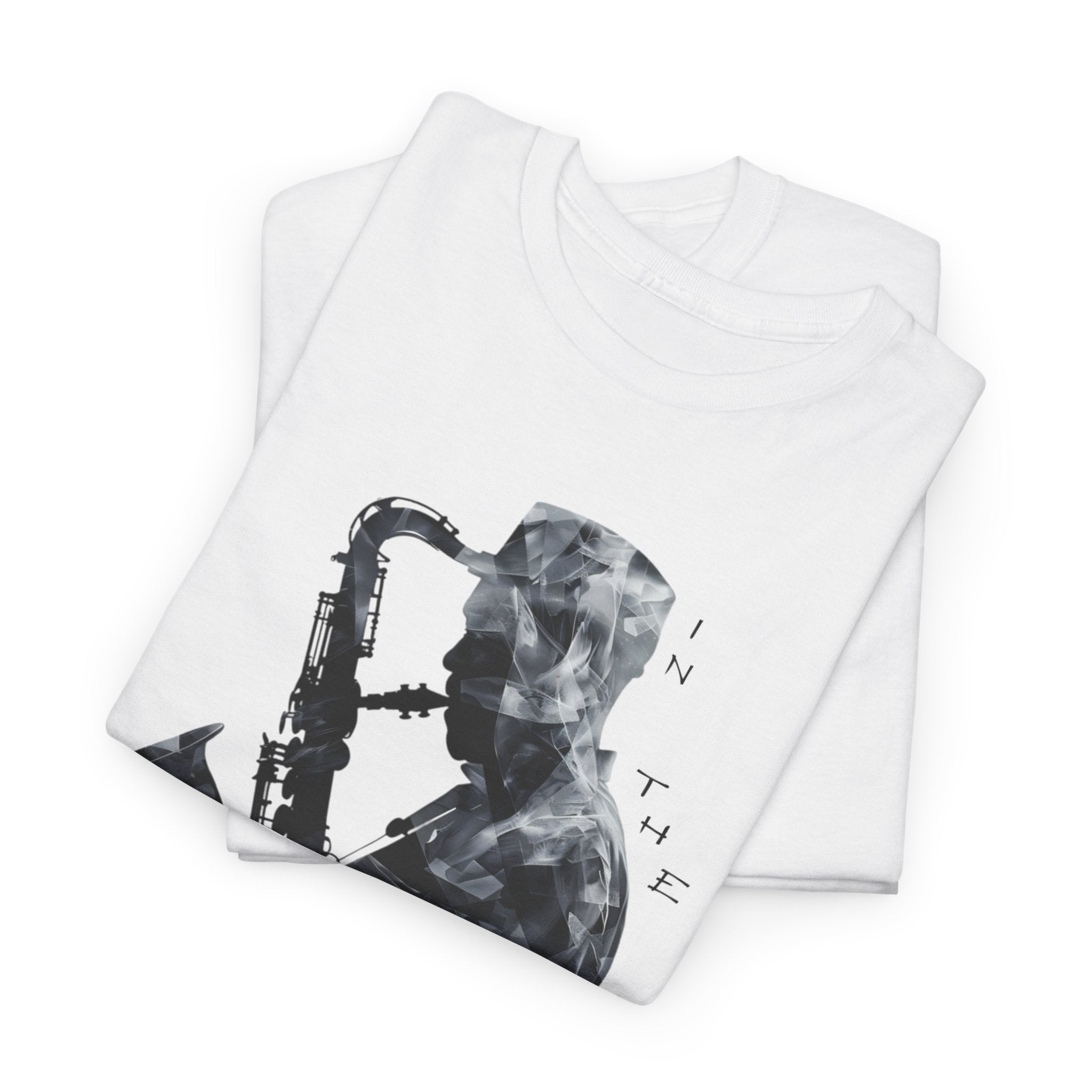 A black and white image of a saxophone player with the words ‘Jazz, In The Moment’ surrounding the image.
