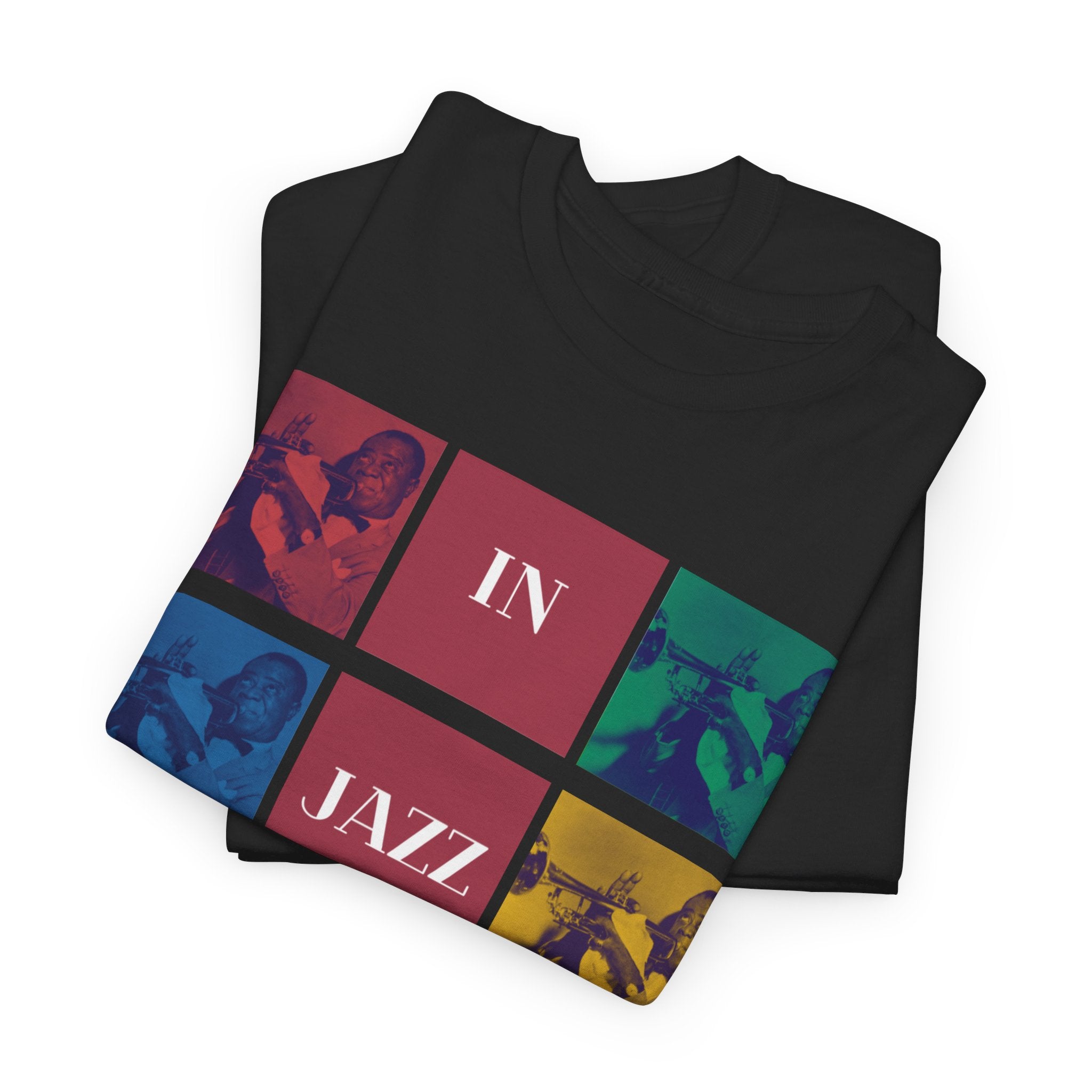A black or white t shirt with 9 different colored squares with each one containing the same Louis Armstrong Image. The text states ’In Jazz We Trust’
