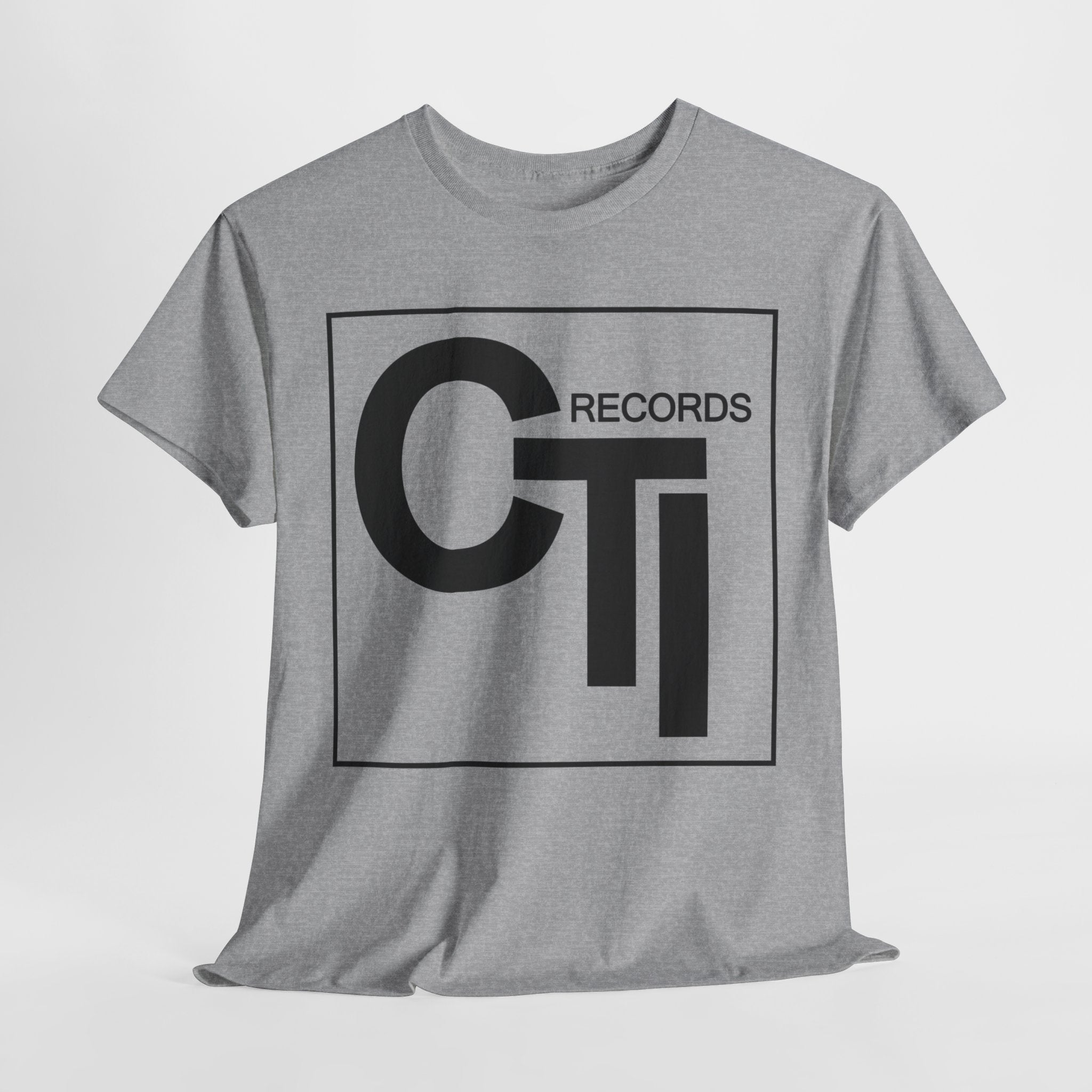 CTI Records Logo in black text on multi colored t-shirts