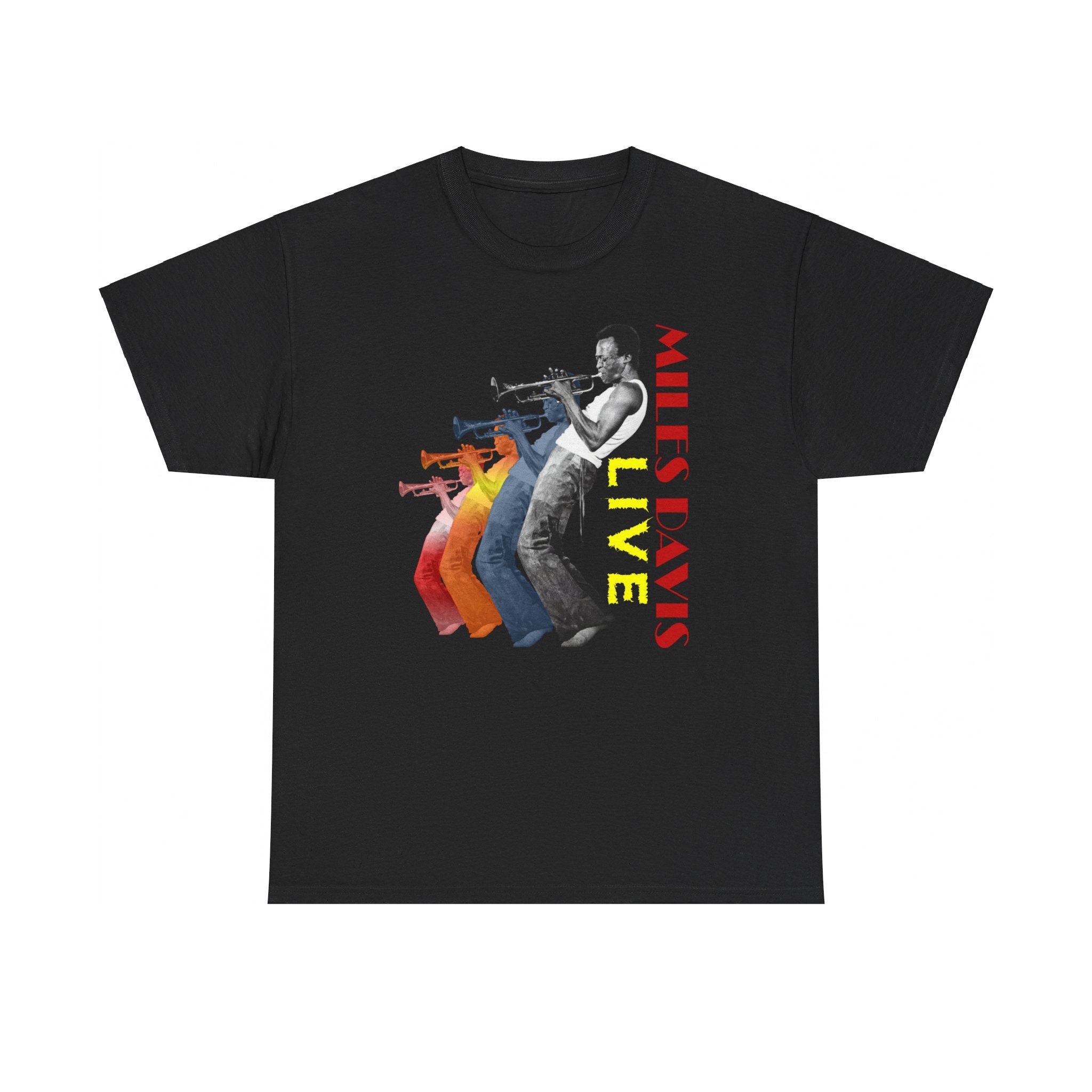 A black t shirt with a Miles Davis graphic of him leaning back playing his trumpet. The image has him duplicated in various colors. The text says ‘Miles Davis, Live’