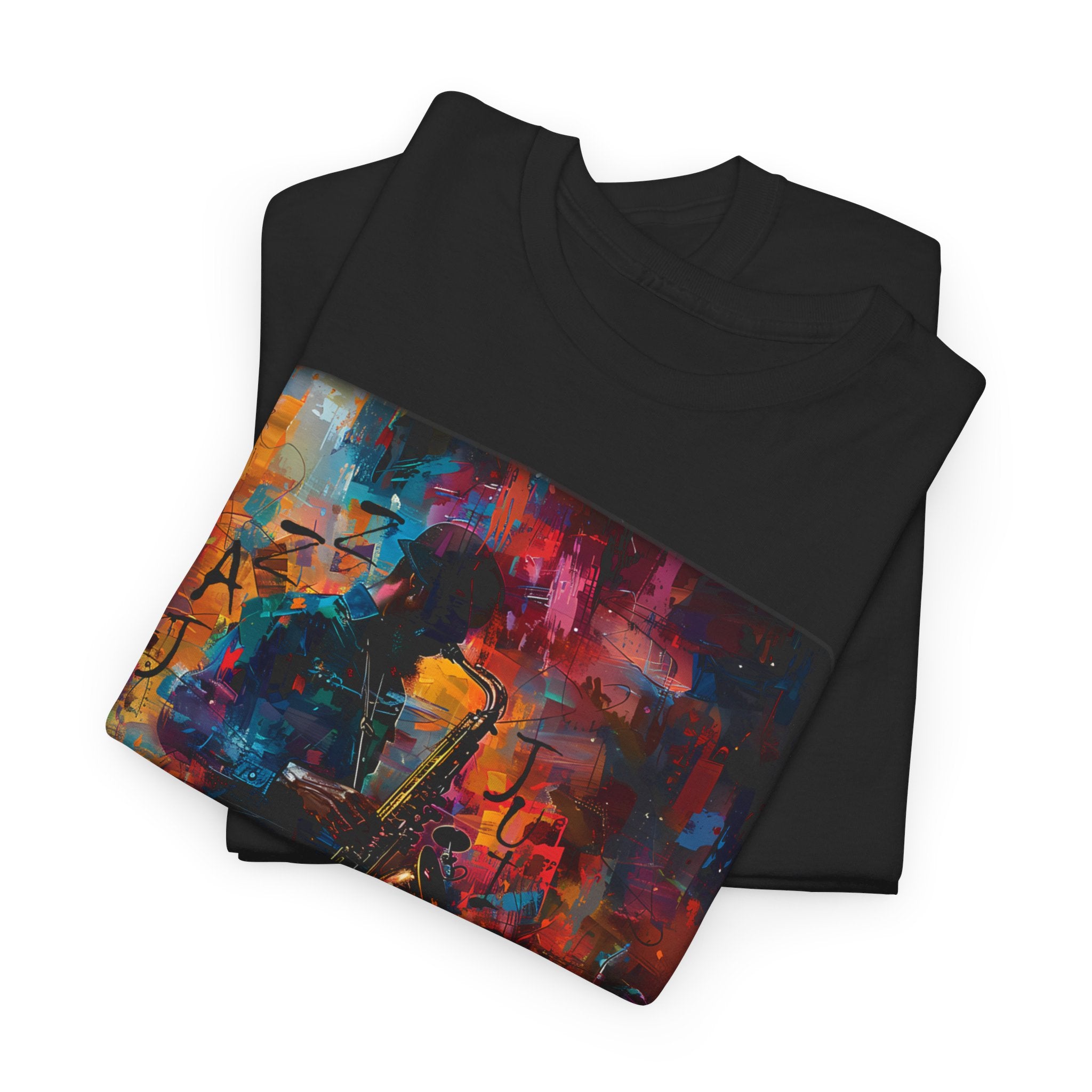 A black t shirt with a saxophonist playing his instrument. The words ‘Jazz Juice’ are embossed in an abstract font.