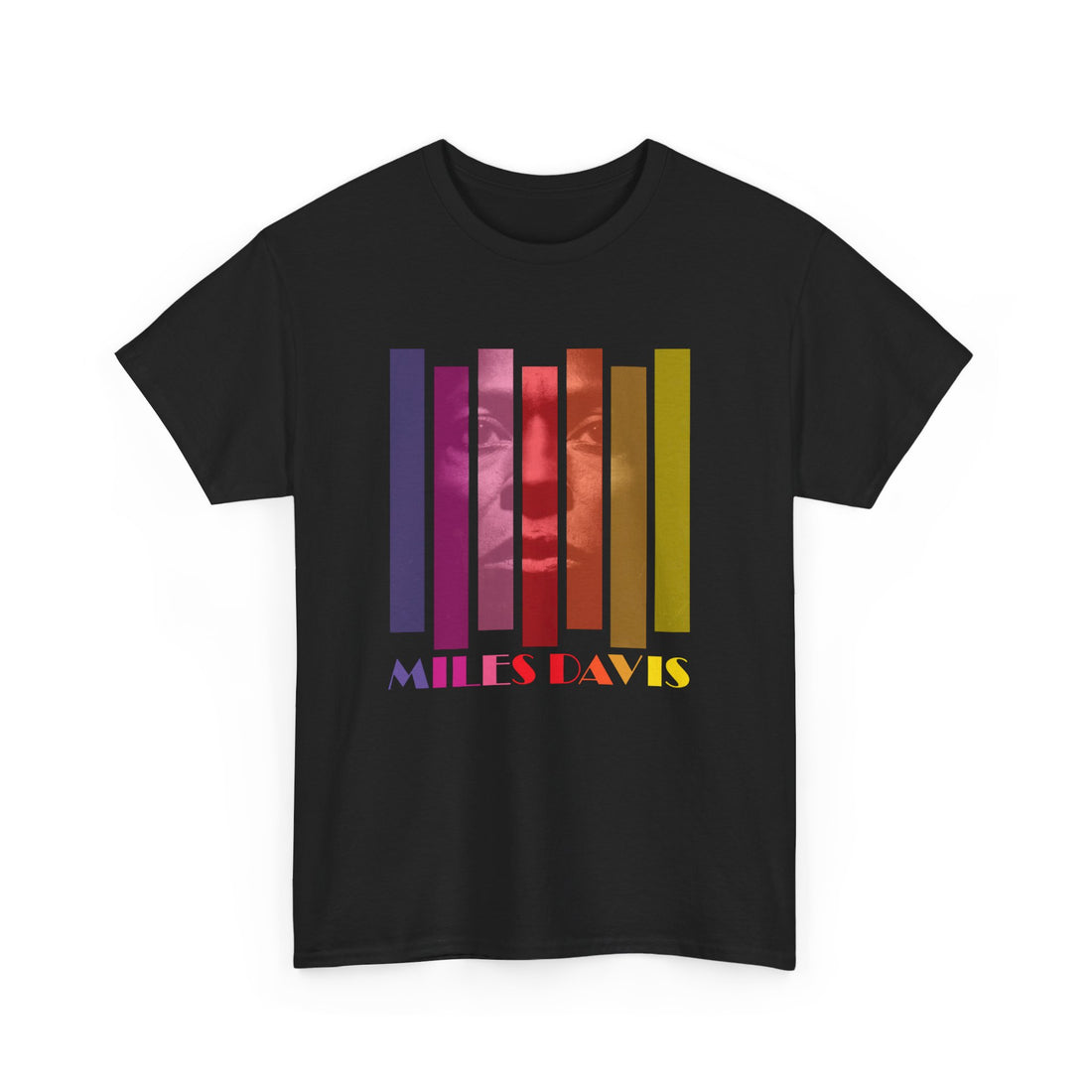 A black t shirt with a multi colored block image of the trumpeter Miles Davis