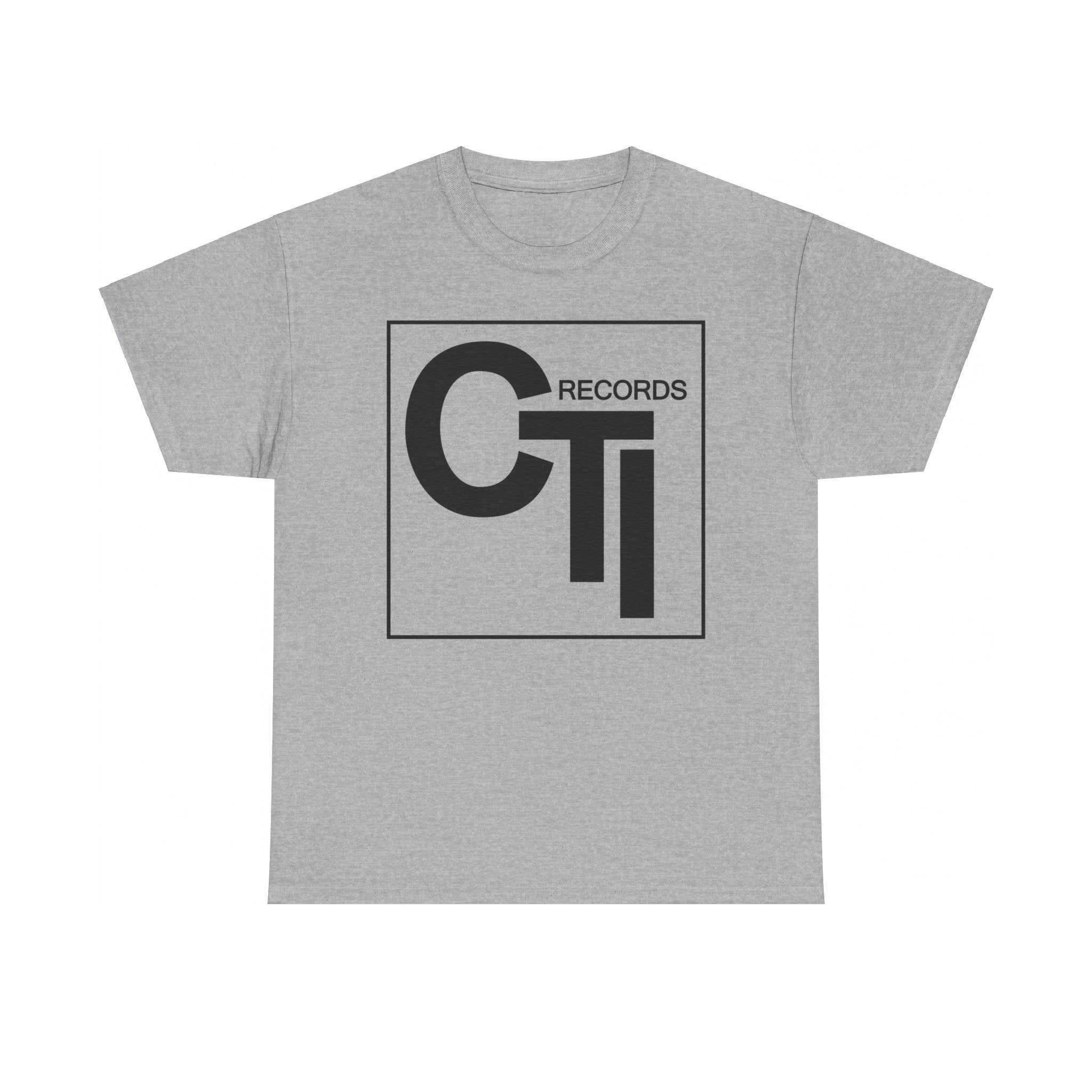 CTI Records Logo in black text on multi colored t-shirts
