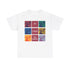 A black or white t shirt with 9 different colored squares with each one containing the same Louis Armstrong Image. The text states ’In Jazz We Trust’