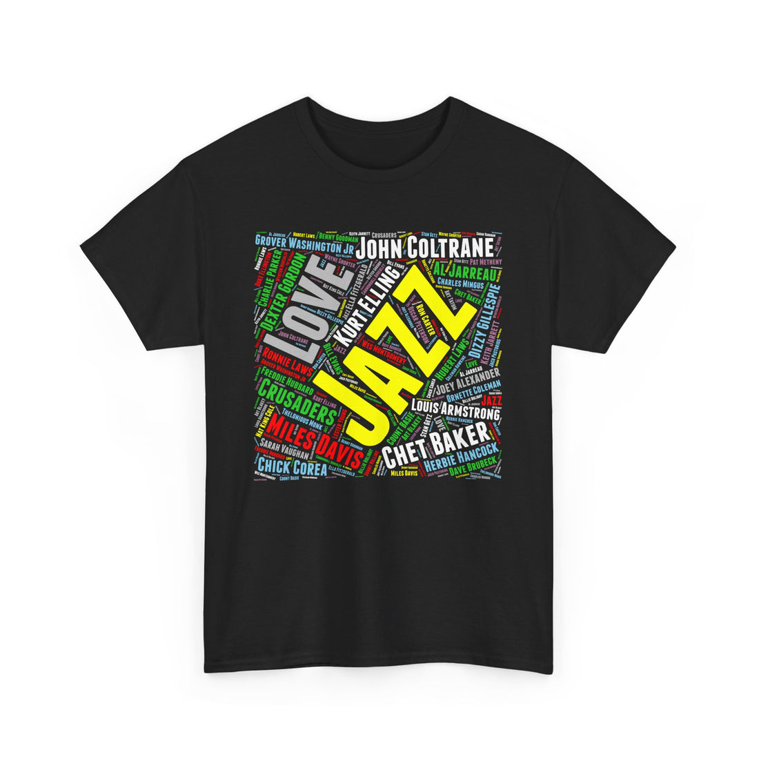 A black t shirt with multi colored word art text promoting jazz music’s great artists