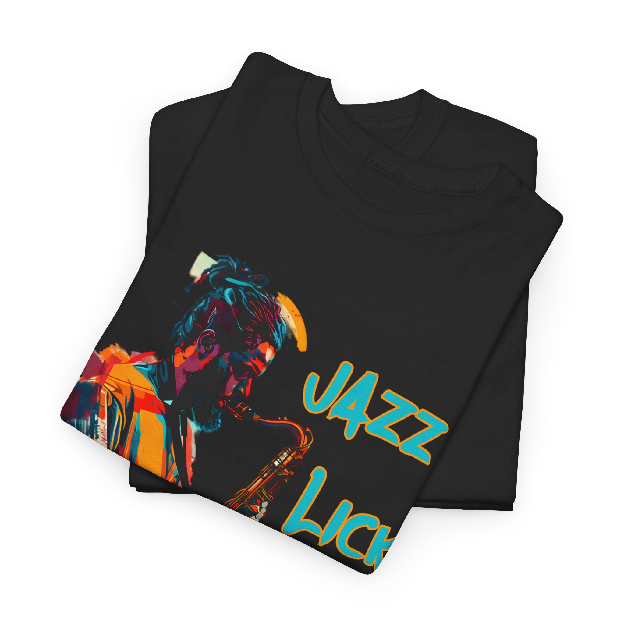 A black tee with a retro image of a jazz sax player. The text states ‘Jazz Lick’