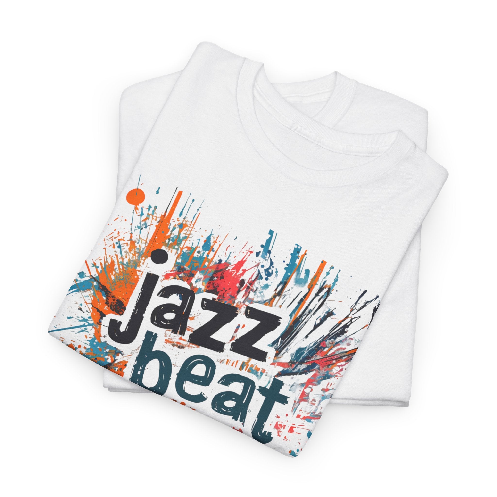 A white t shirt with an abstract blotched paint design with the words ‘Jazz Beat’ incorporated into the image.