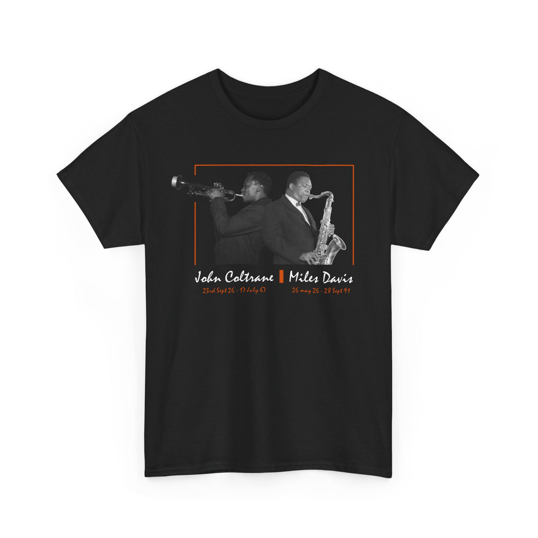 A black tee shirt with a photographic image of Miles Davis & John Coltrane
