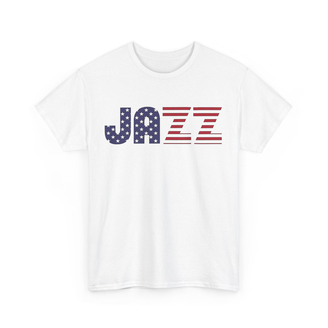 A white t shirt with an American flag imbedded into the word ’JAZZ’