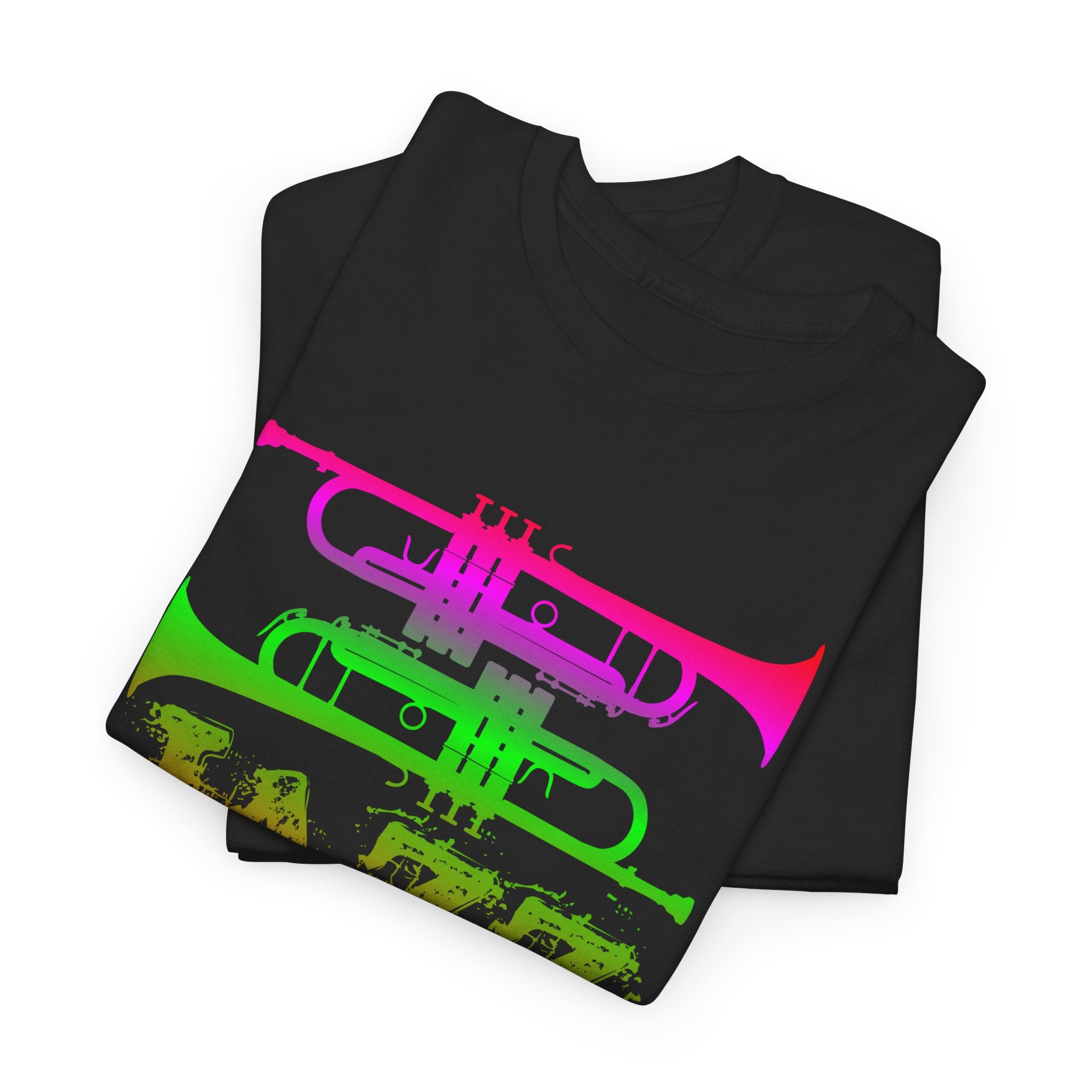 Jazz trumpets silhouette t-shirt with a gradient multicolor design on a dark background with the word ‘JAZZ’ between the trumpets.