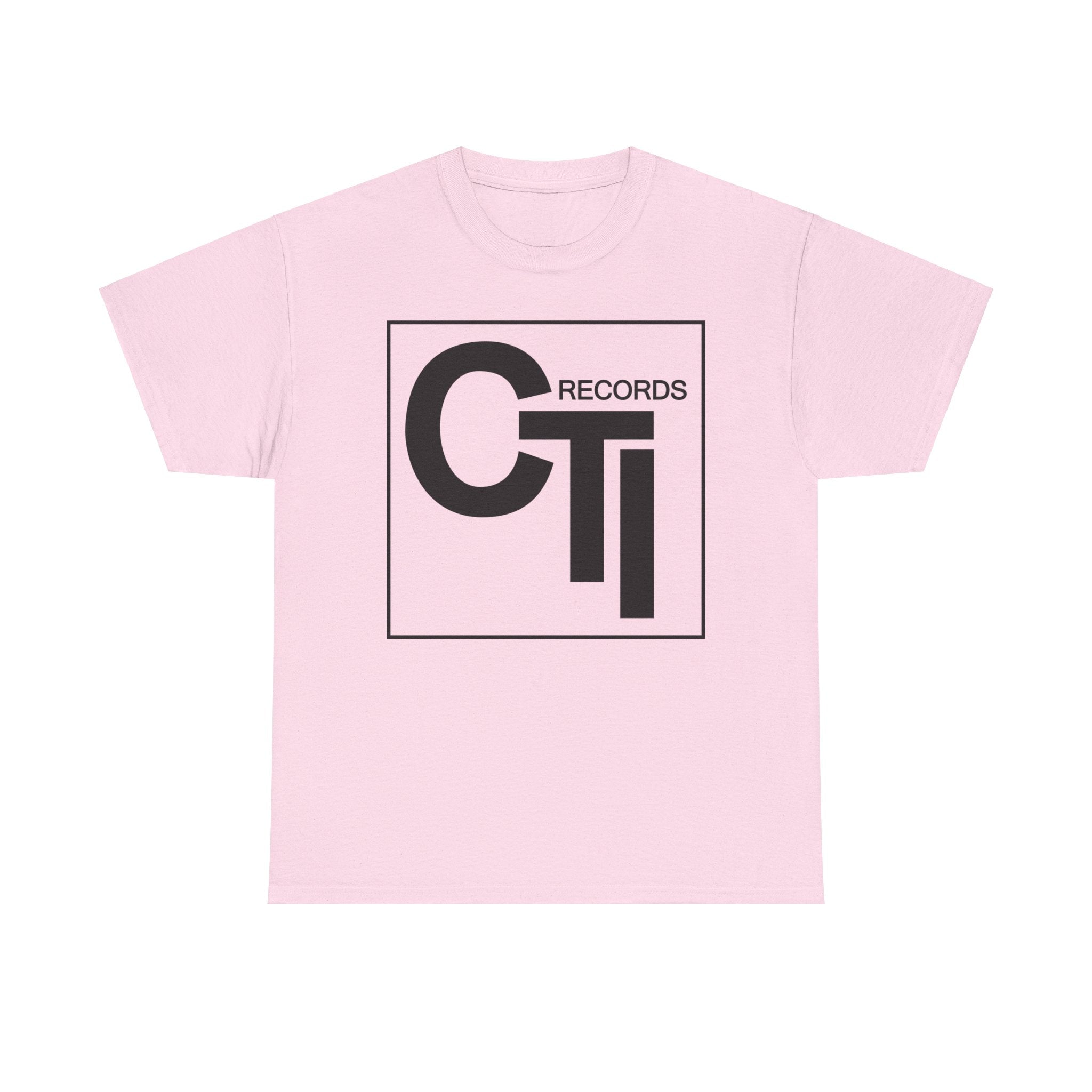 CTI Records Logo in black text on multi colored t-shirts