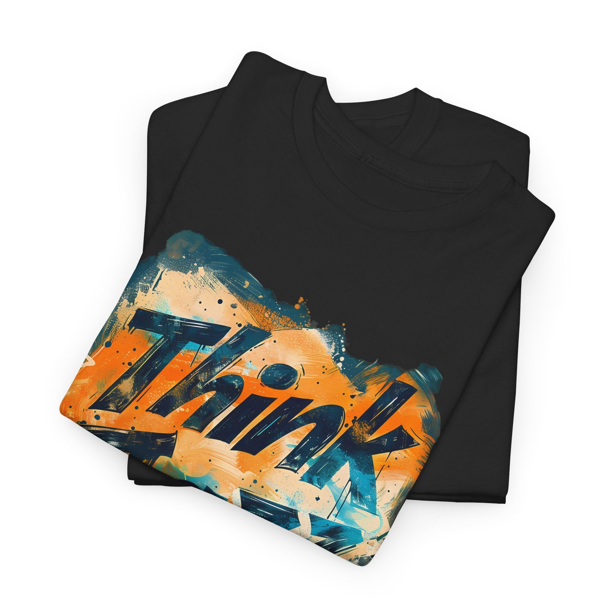 Black t shirt with the words ‘Think Jazz’ in a colorful abstract print.