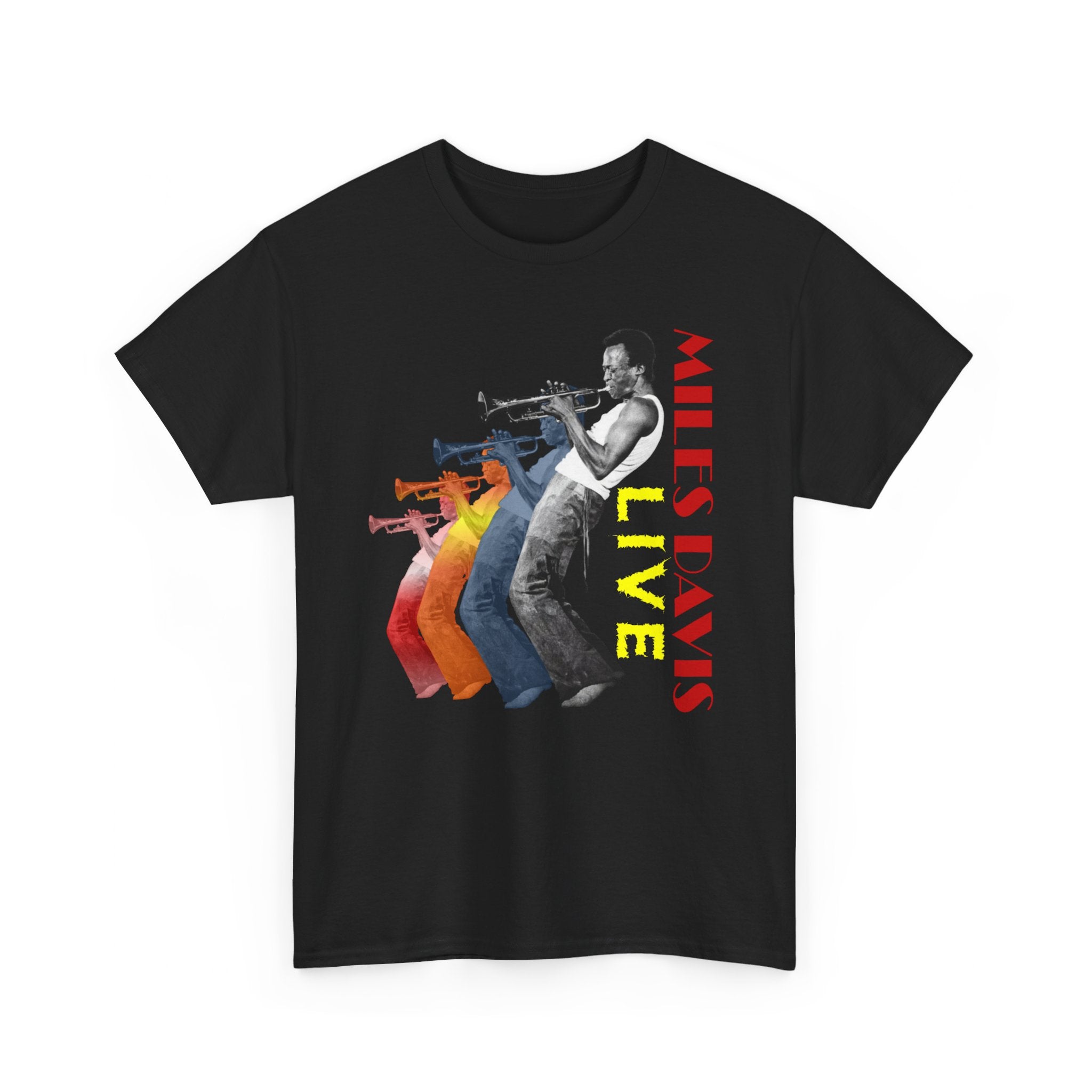 A black t shirt with a Miles Davis graphic of him leaning back playing his trumpet. The image has him duplicated in various colors. The text says ‘Miles Davis, Live’
