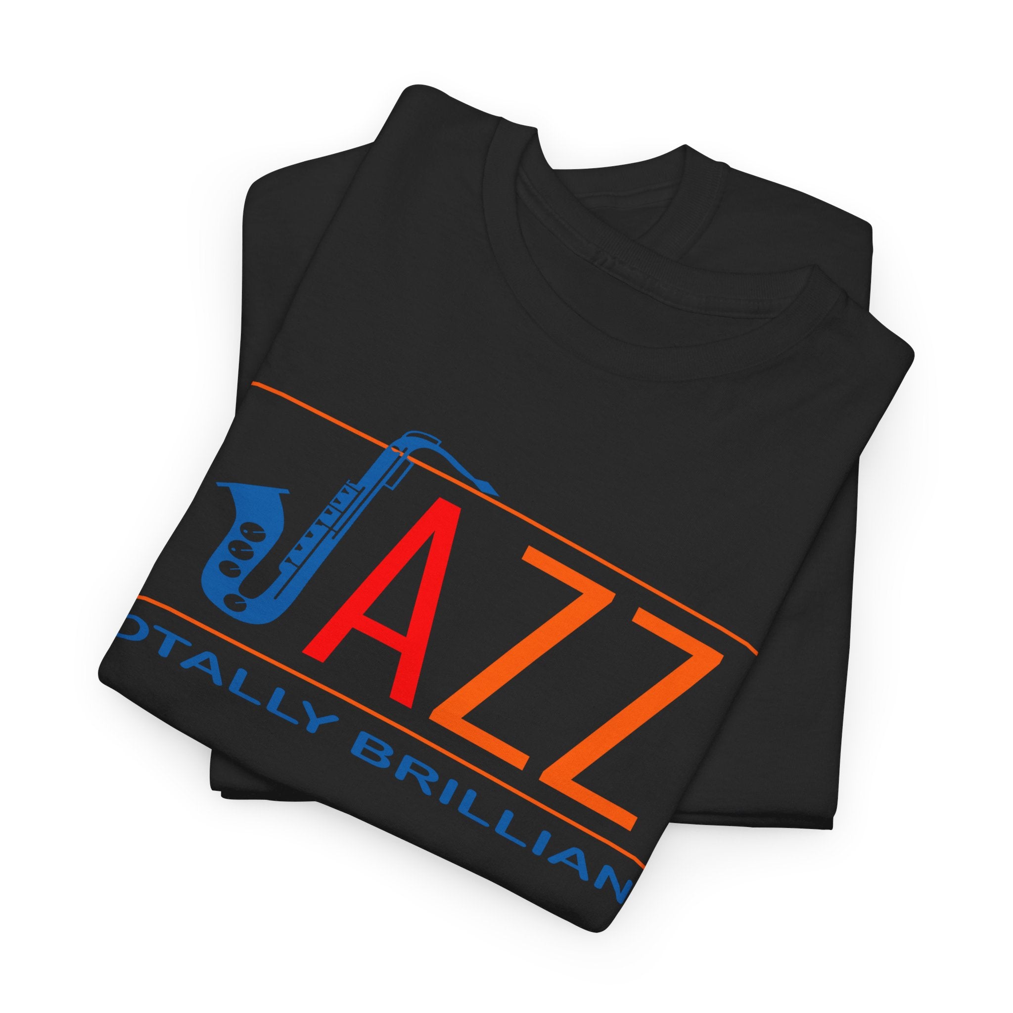 ‘Jazz, Totally Brilliant’ multi colored text on a black t shirt