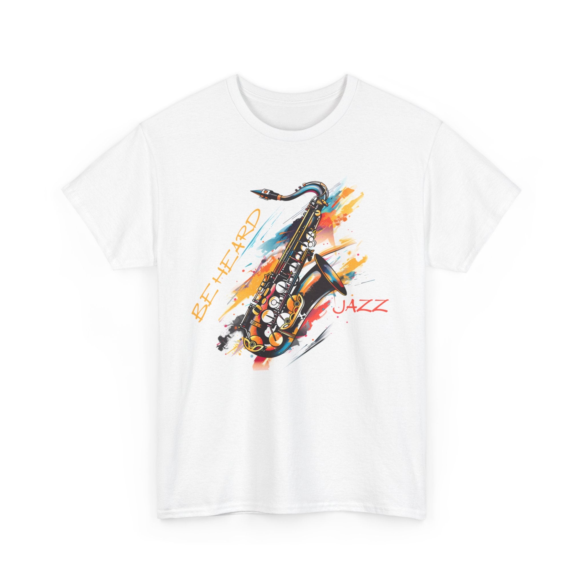 A white t shirt with a saxophone image. The words ‘Jazz, Be heard’ surround the image.