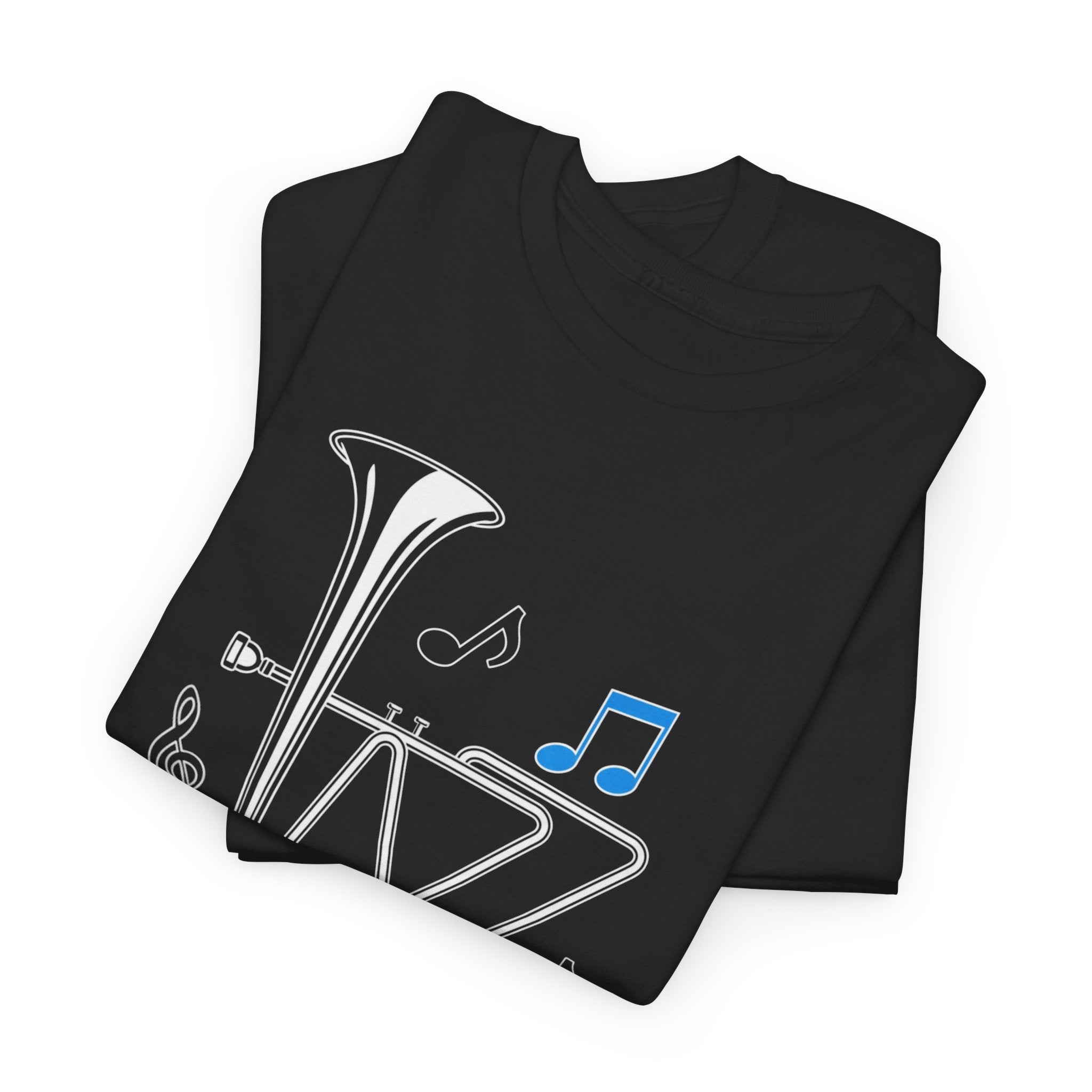 Folded black t-shirt with a jazz-themed graphic trumpet design