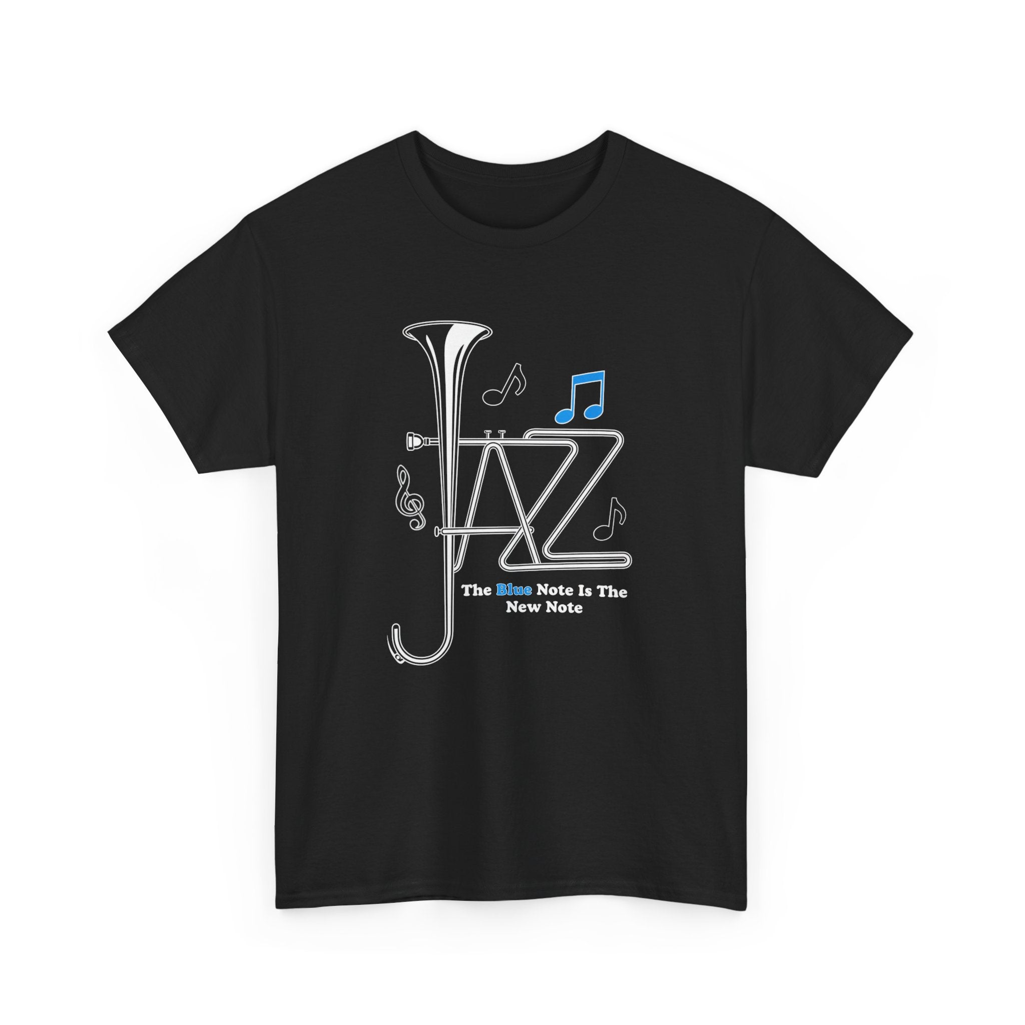 Black t-shirt with a jazz-themed graphic trumpet design