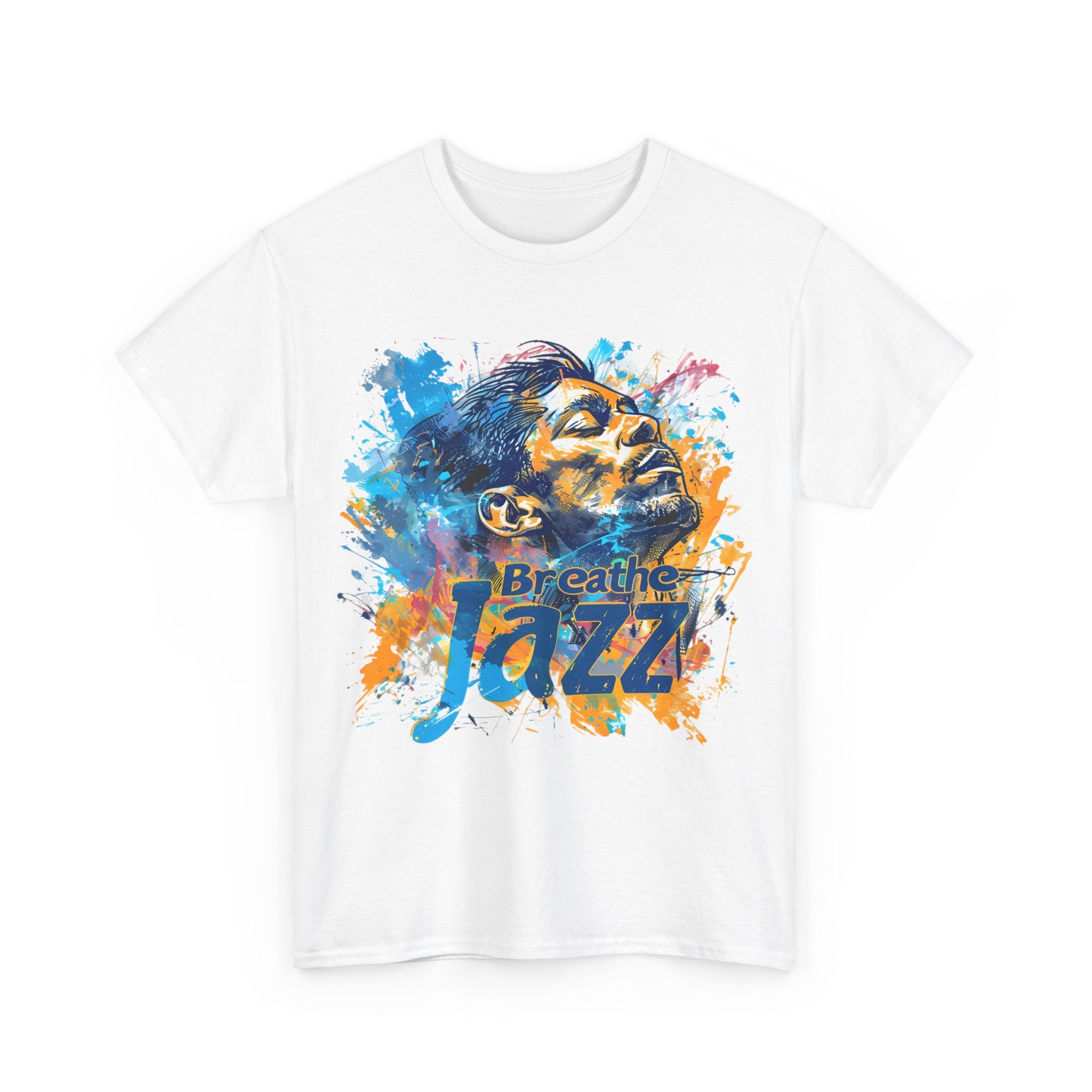 A white t shirt with a man looking to the sky with the words ‘Breathe Jazz’ embossed in the image.