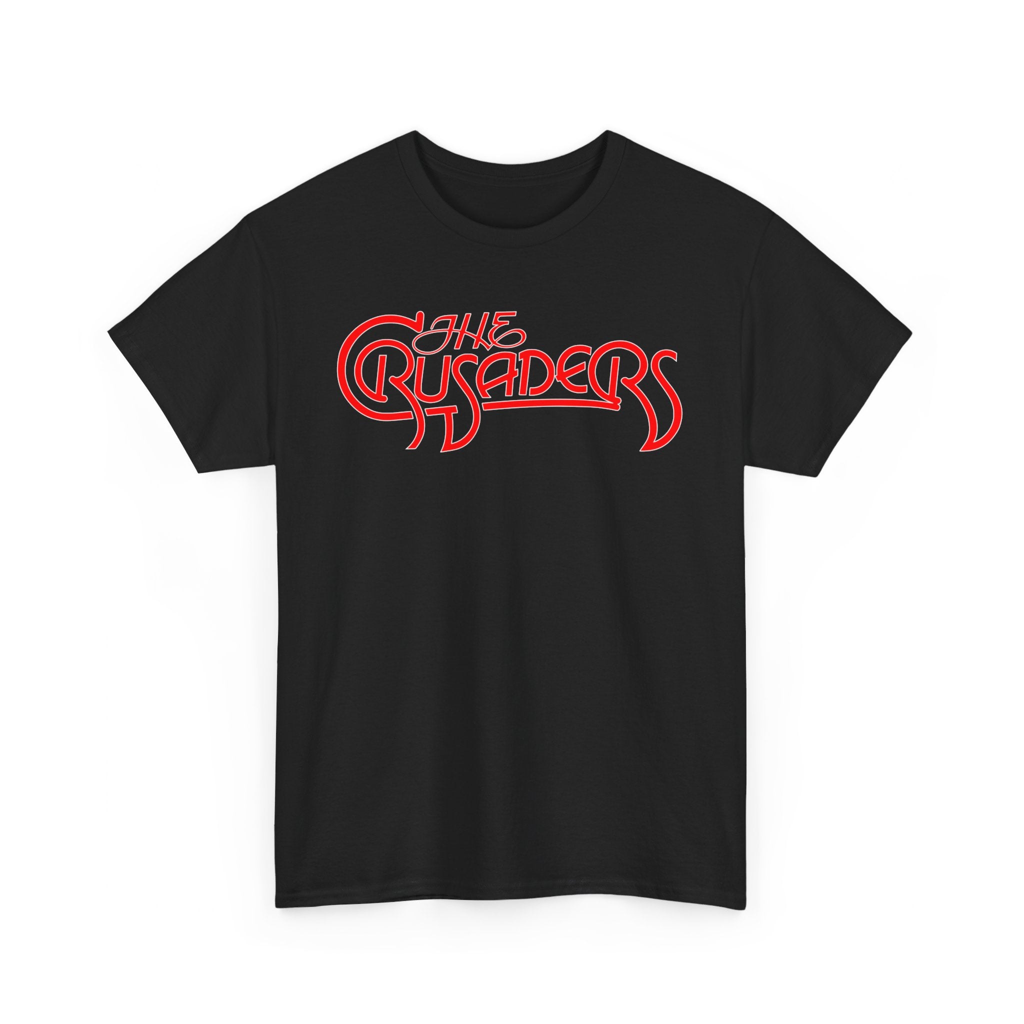 A black t shirt with the logo of the Crusaders jazz band in red with white border.