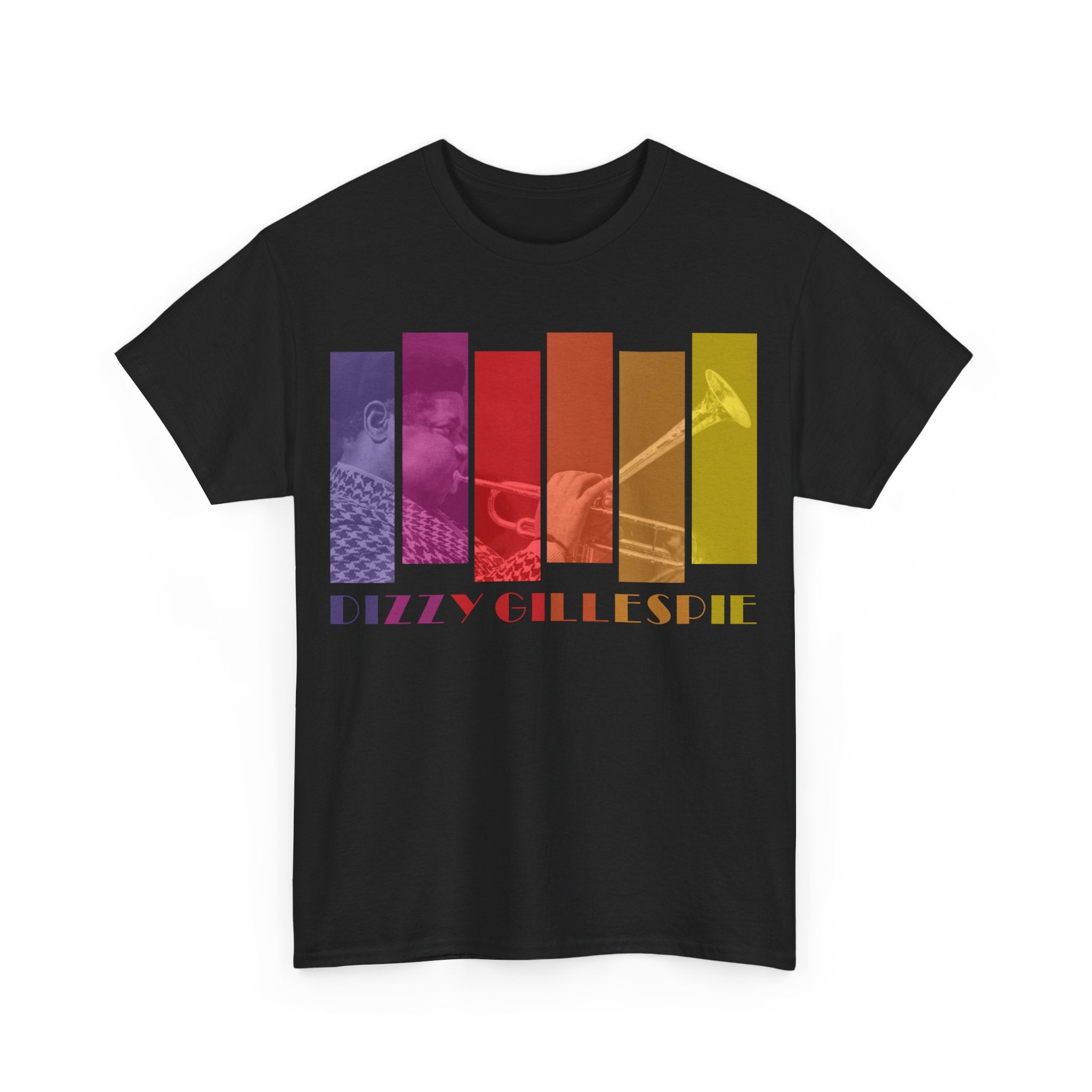A black t shirt with the image of Dizzy Gillespie transposed into multi coloured blocks with his name underneath.