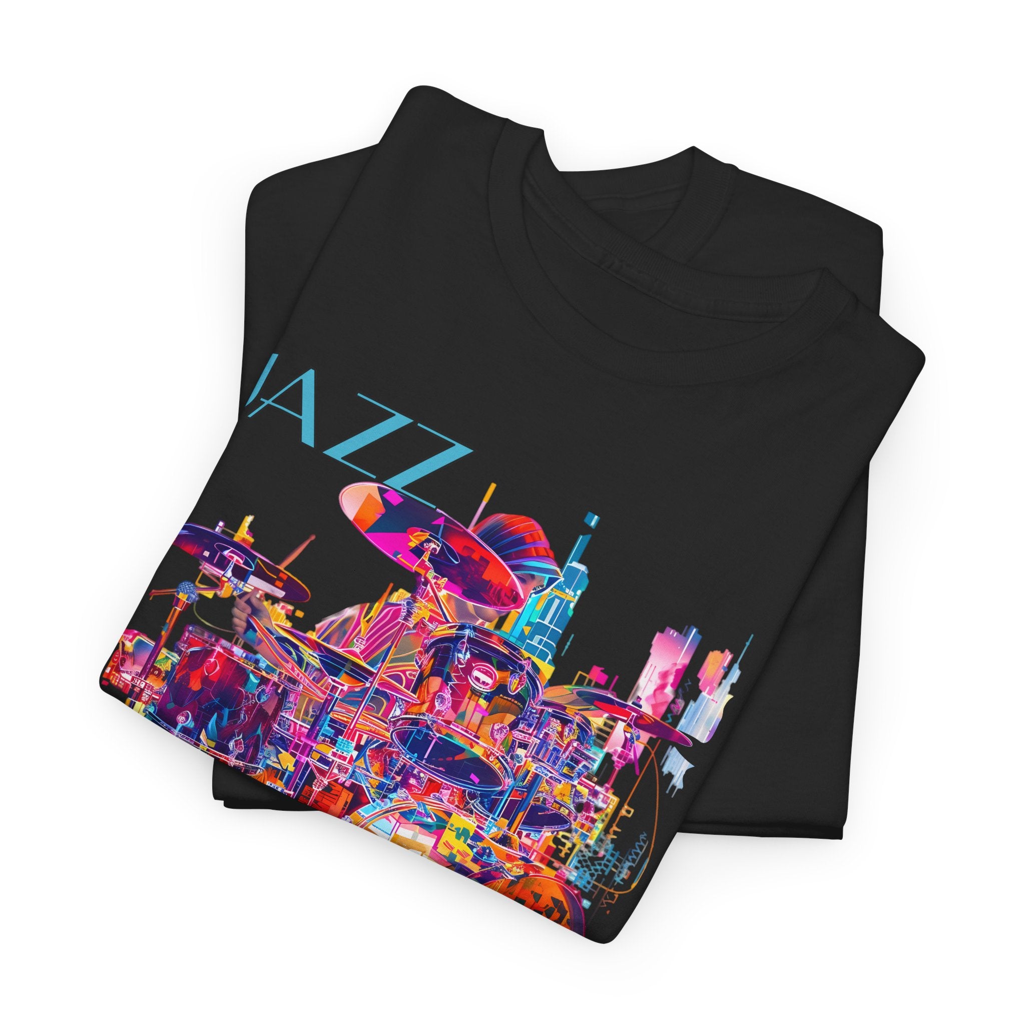 A black or white t shirt with a multi coloured design of a drummer playing. The text says ‘Jazz Rhythm’