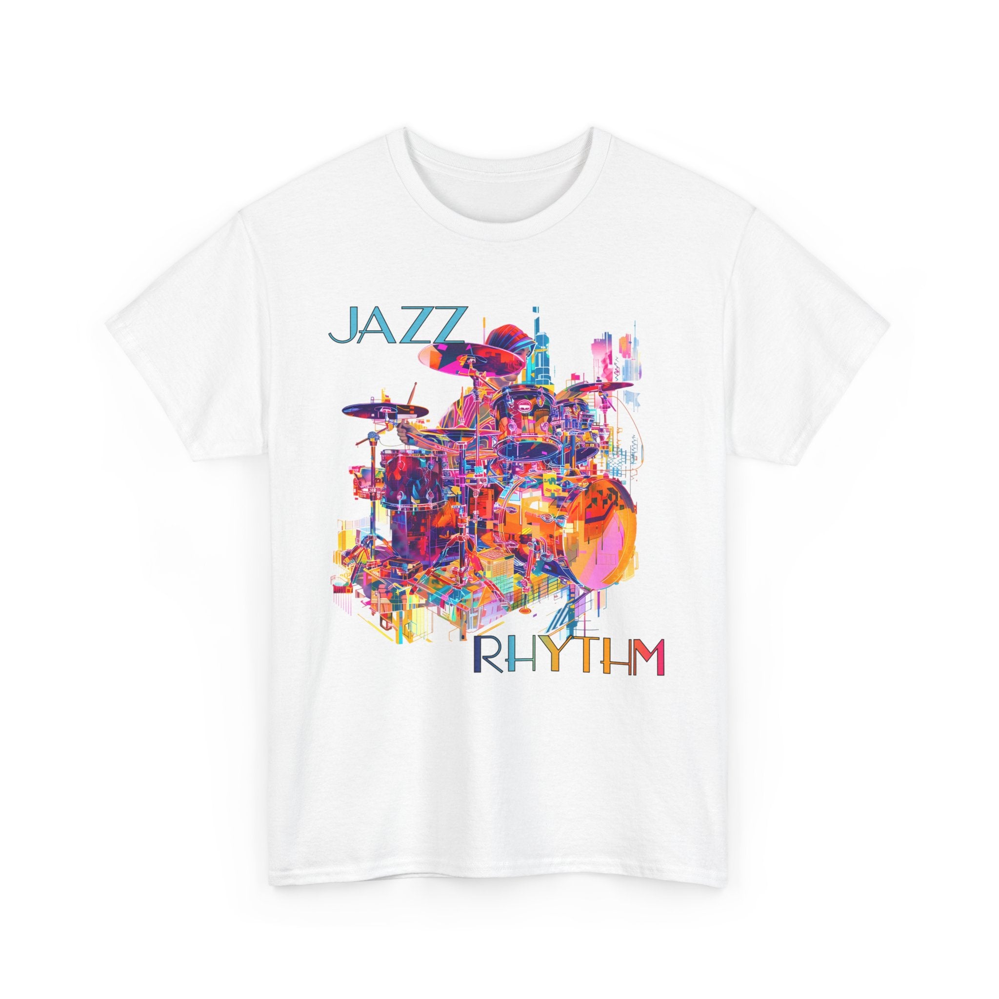 A black or white t shirt with a multi coloured design of a drummer playing. The text says ‘Jazz Rhythm’