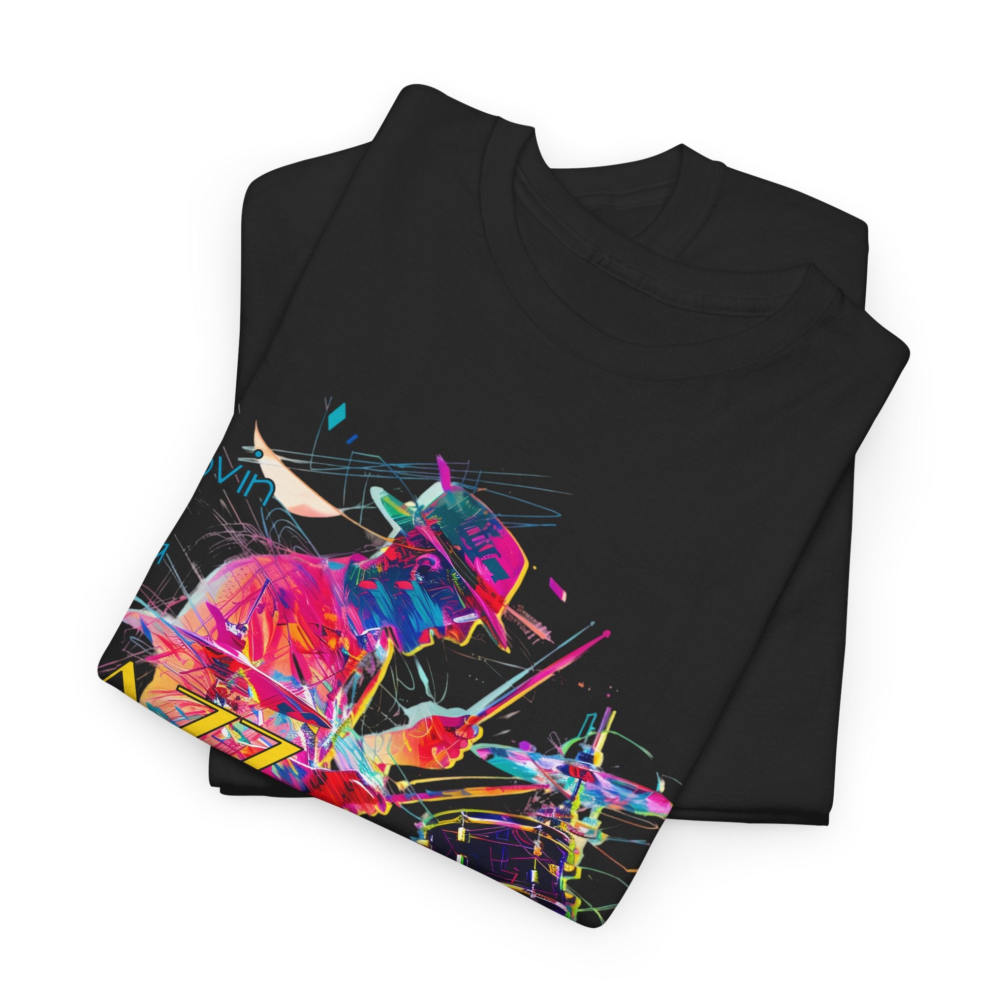 A black or white t shirt with an image of a jazz drummer in vibrant colours. The accompanying text states ‘Lovin a Jazz Beat’