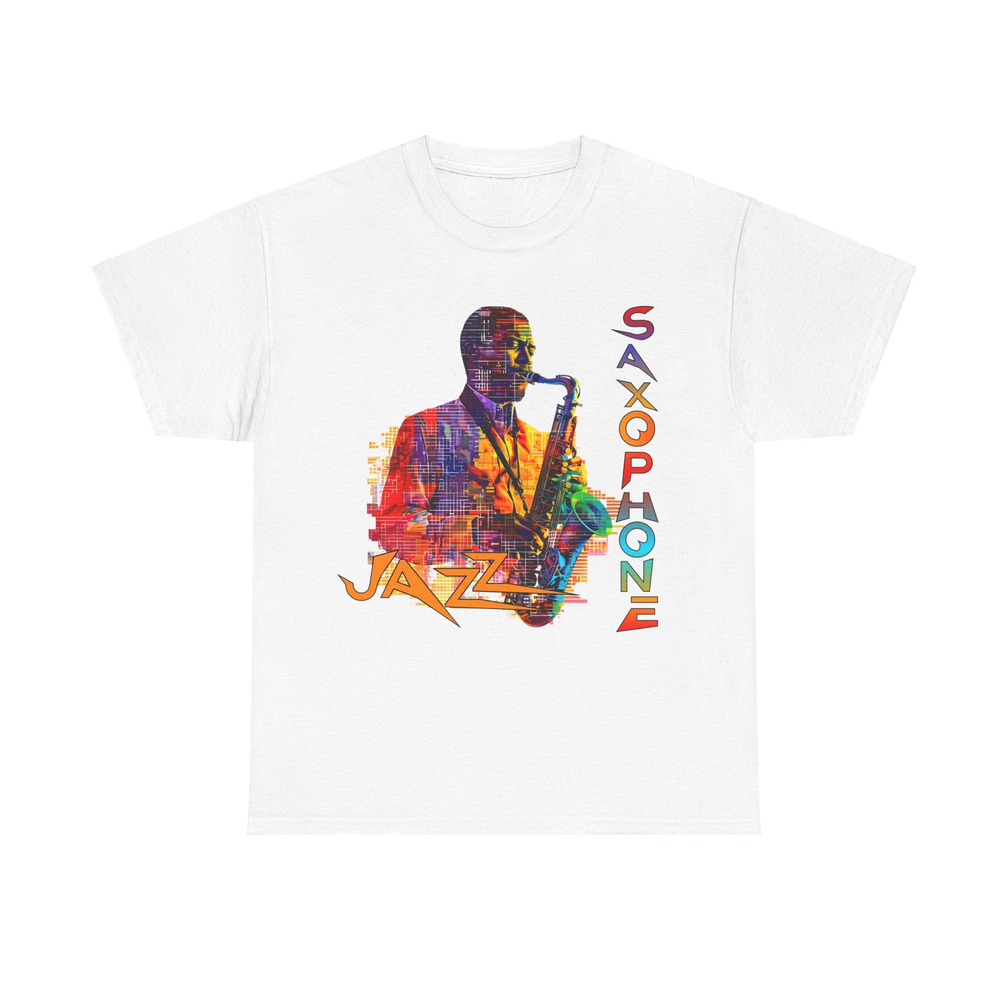 A white t shirt with multiple coloured image. The text has an abstract font saying ‘Jazz Saxophone’