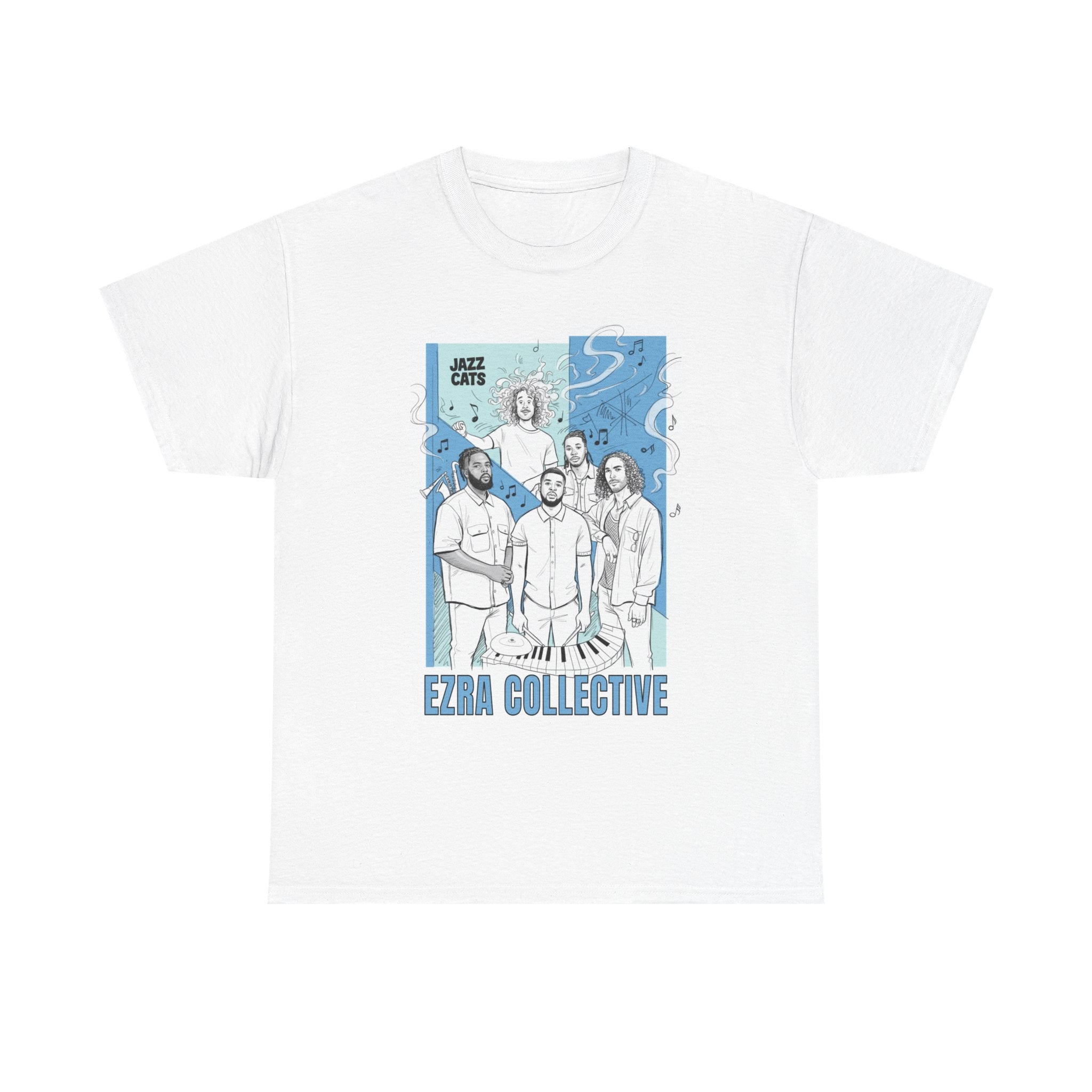 White t-shirt with graphic design of a group of people and &