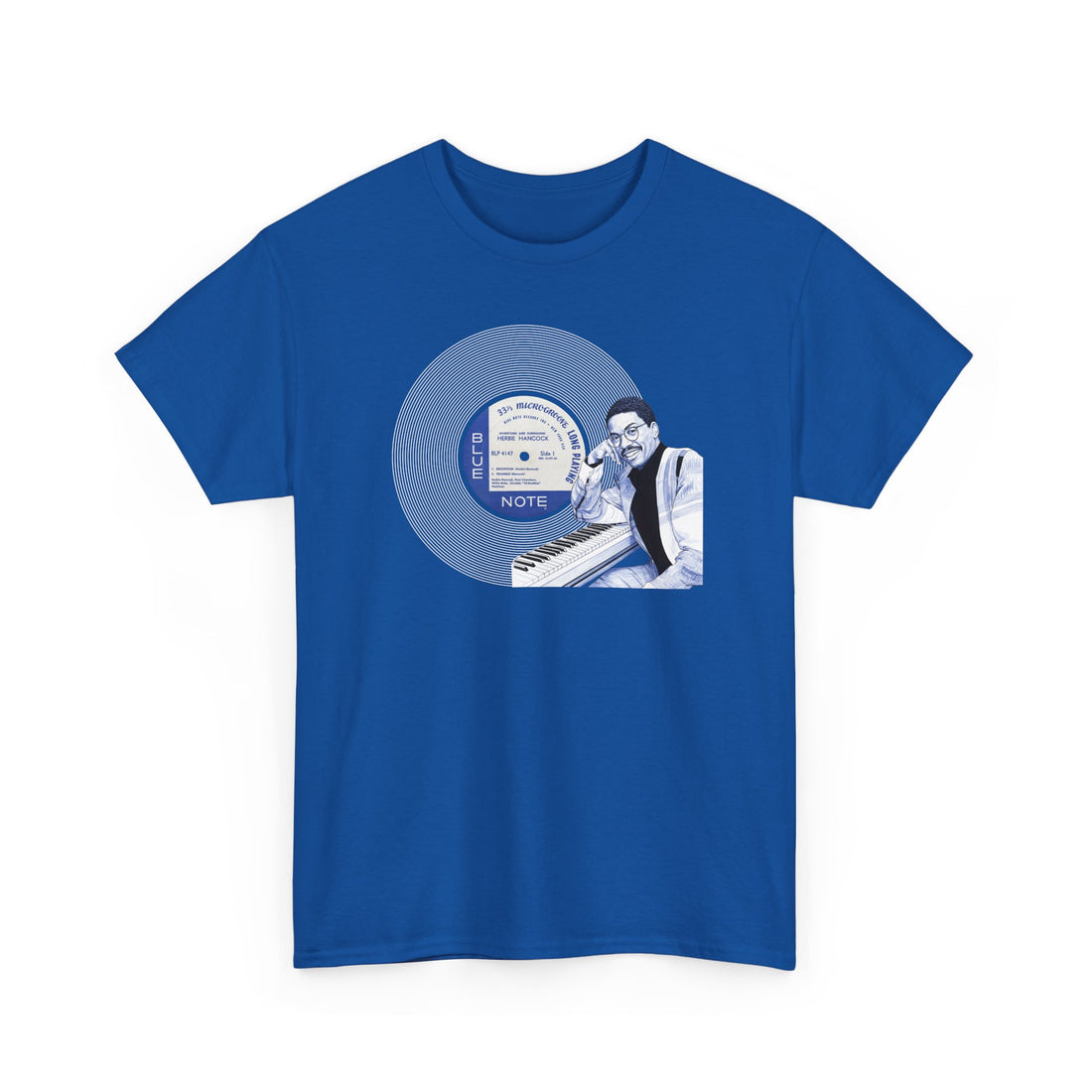 Blue t-shirt with a graphic of Herbie hancock playing a piano and a record on a white background