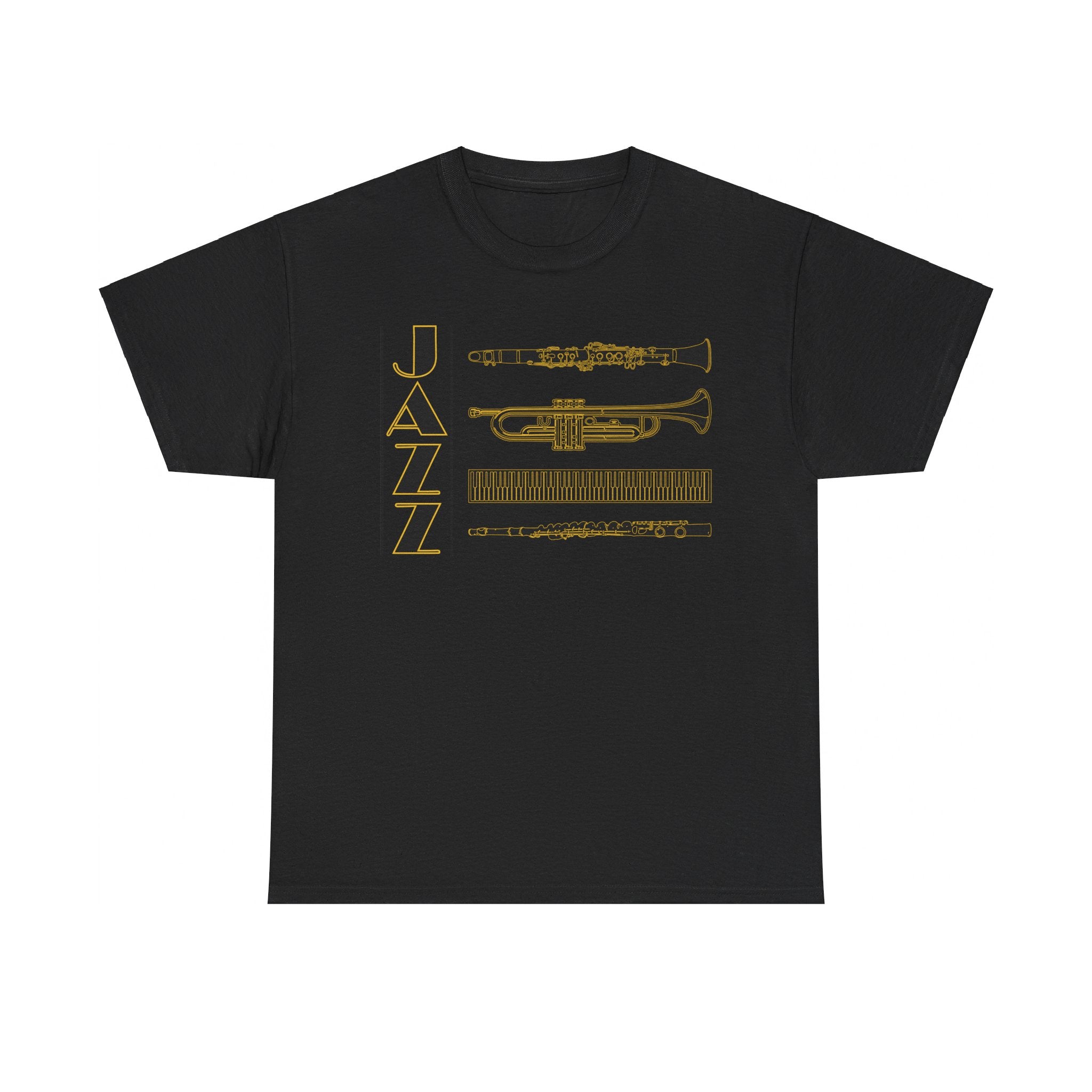 Jazz musical instruments t shirt in various colours with text saying ‘JAZZ’