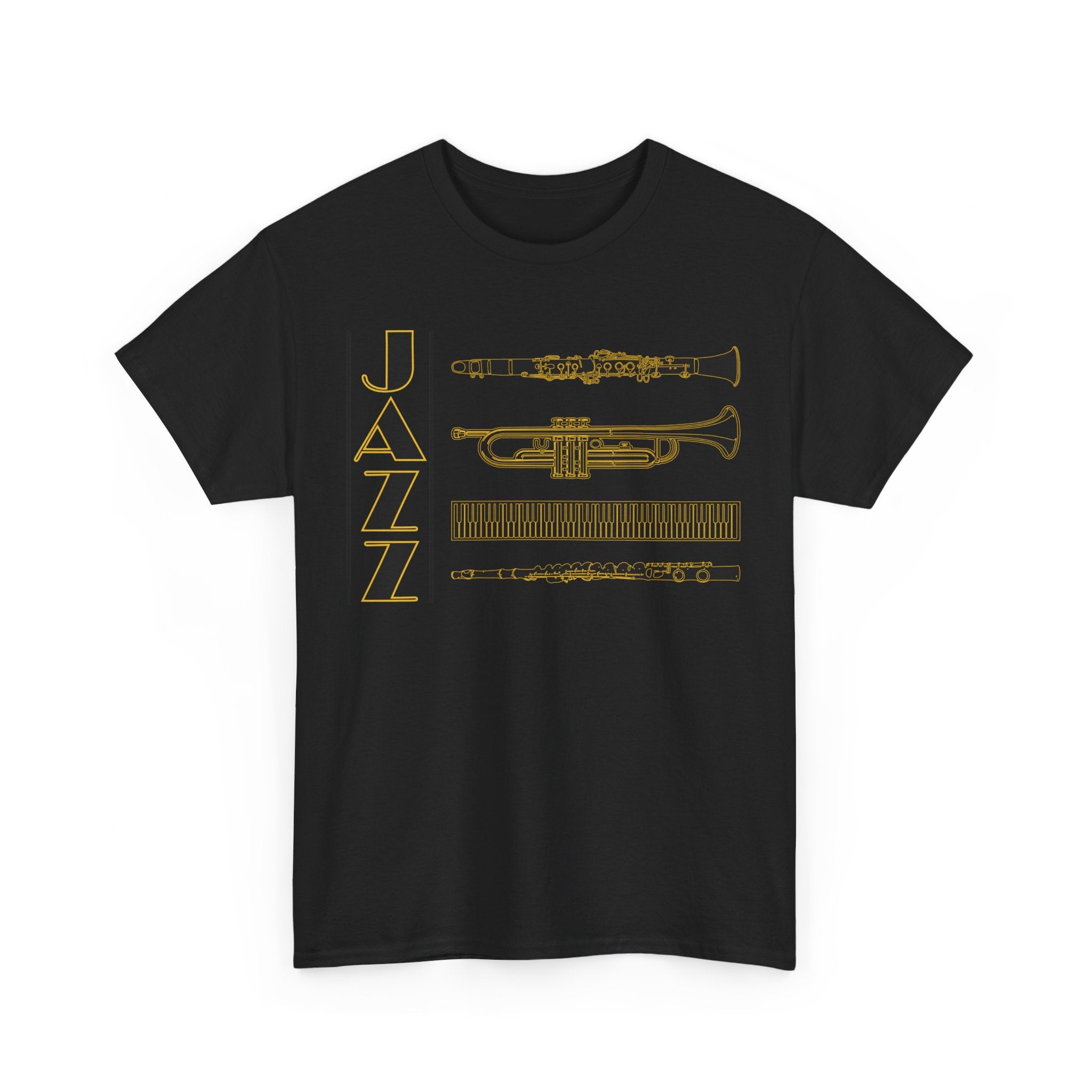 Jazz musical instruments t shirt in various colours with text saying ‘JAZZ’