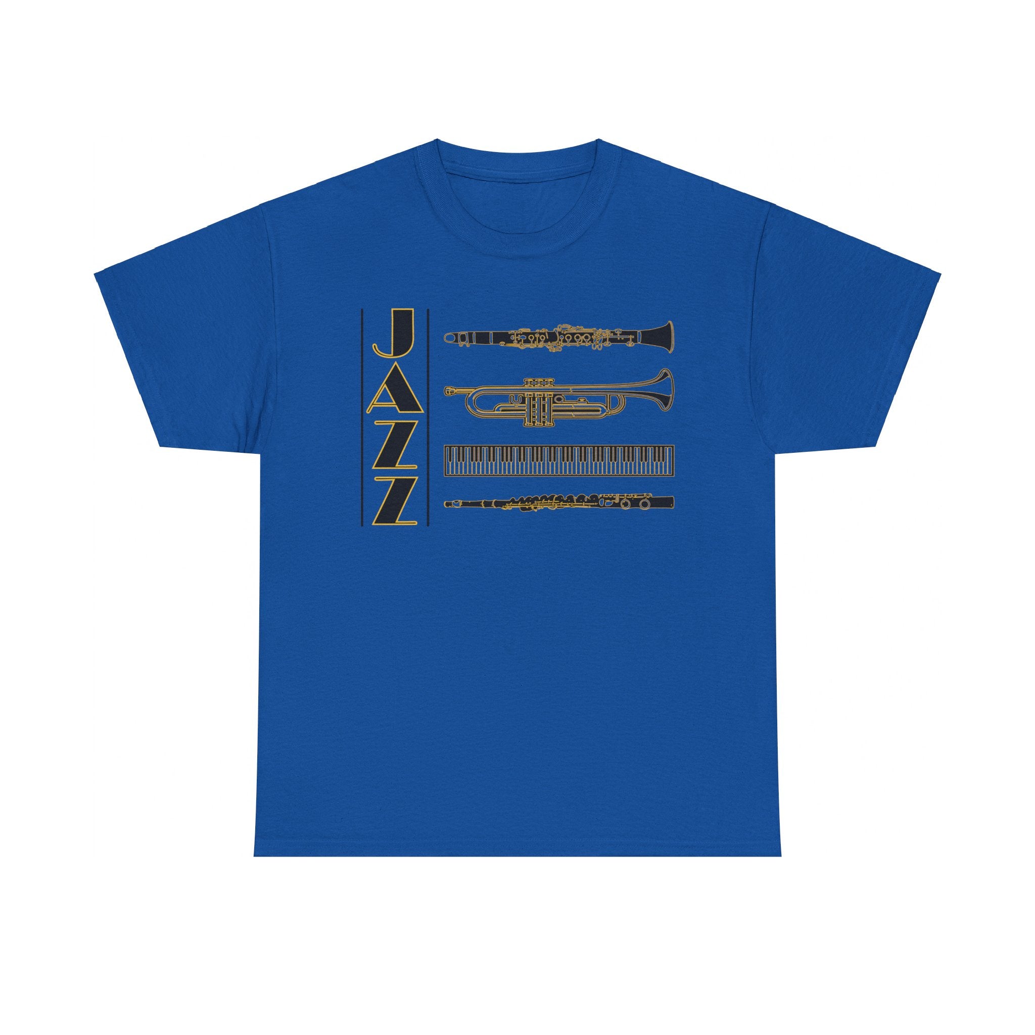 Jazz musical instruments t shirt in various colours with text saying ‘JAZZ’