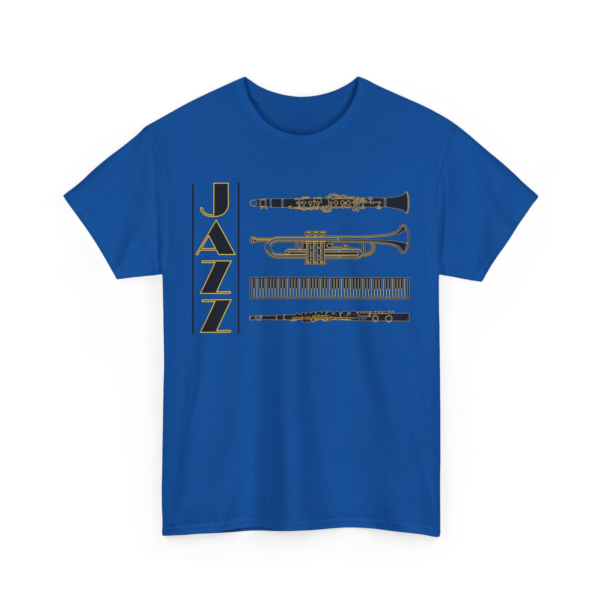 Jazz musical instruments t shirt in various colours with text saying ‘JAZZ’
