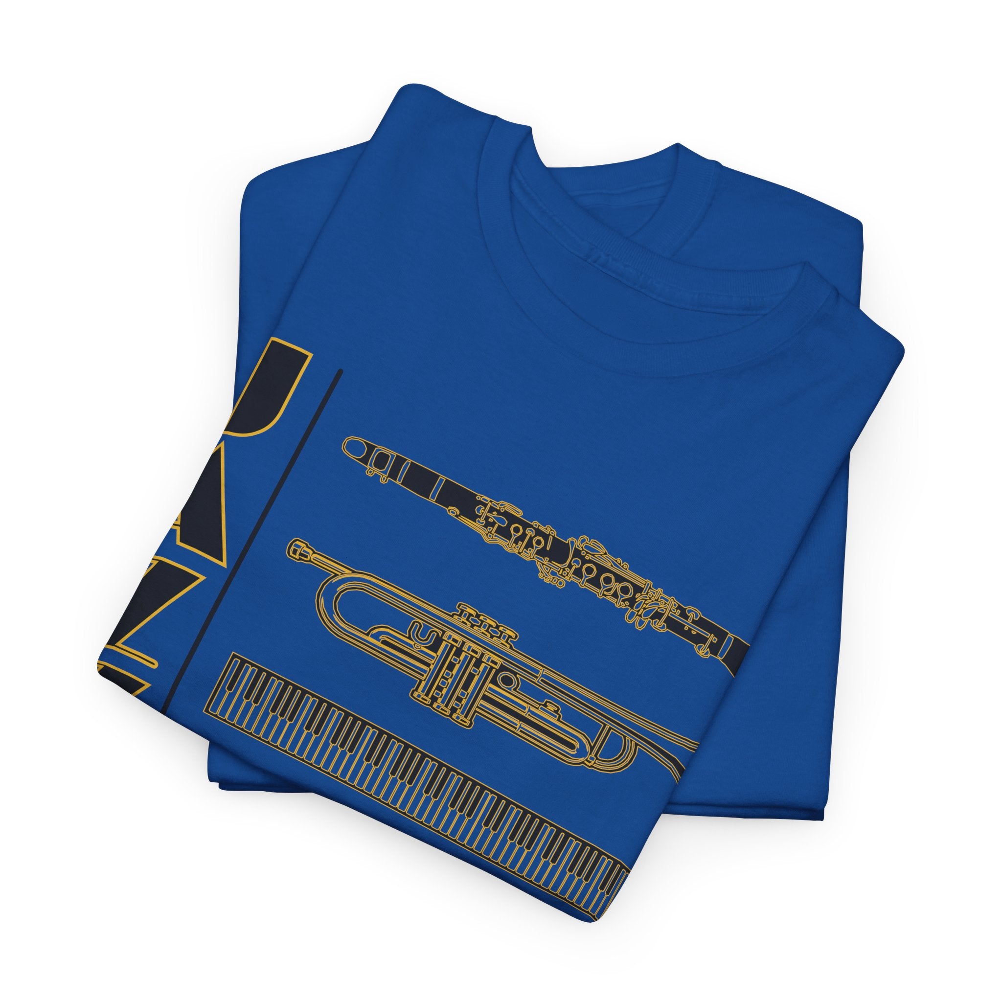 Jazz musical instruments t shirt in various colours with text saying ‘JAZZ’