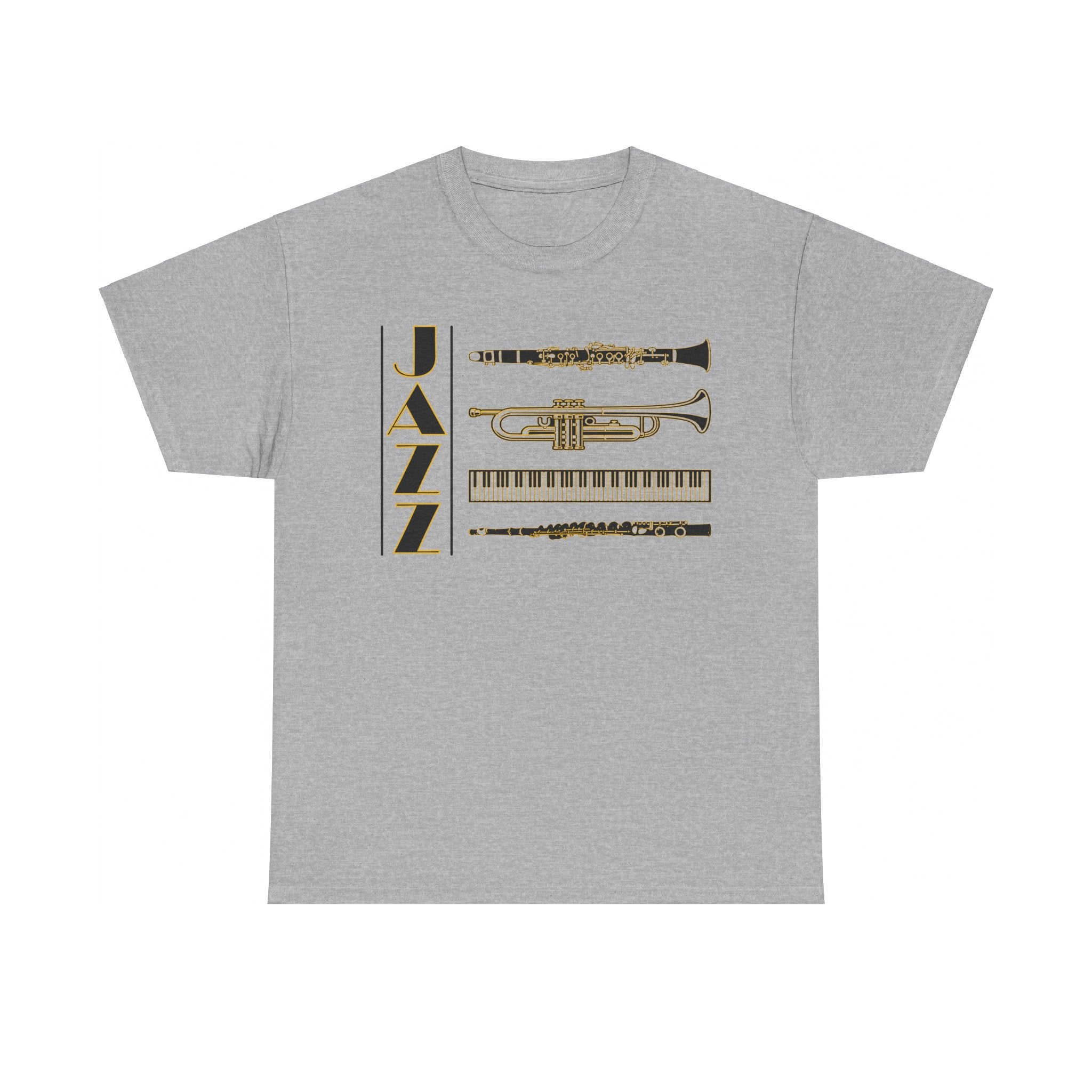 Jazz musical instruments t shirt in various colours with text saying ‘JAZZ’