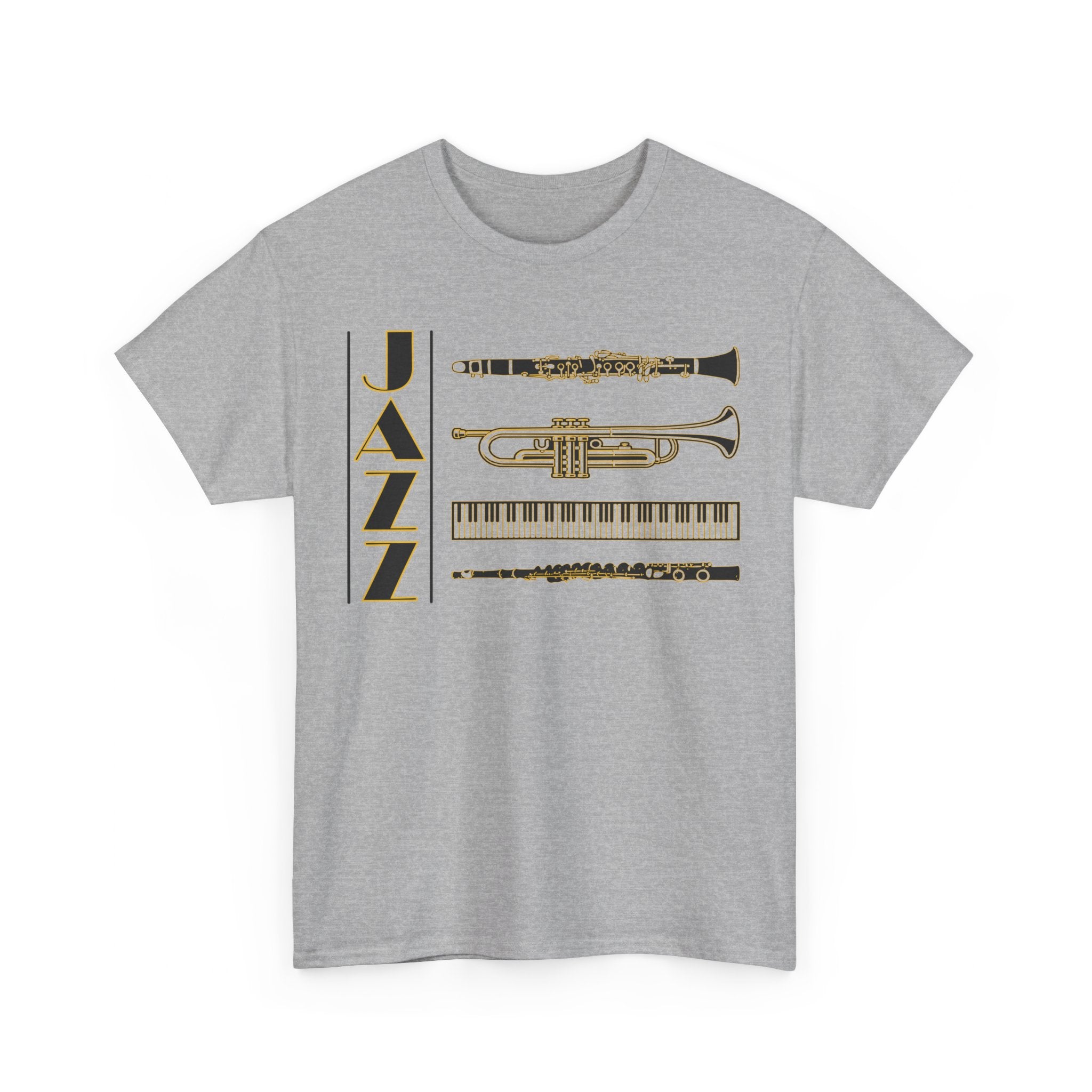 Jazz musical instruments t shirt in various colours with text saying ‘JAZZ’