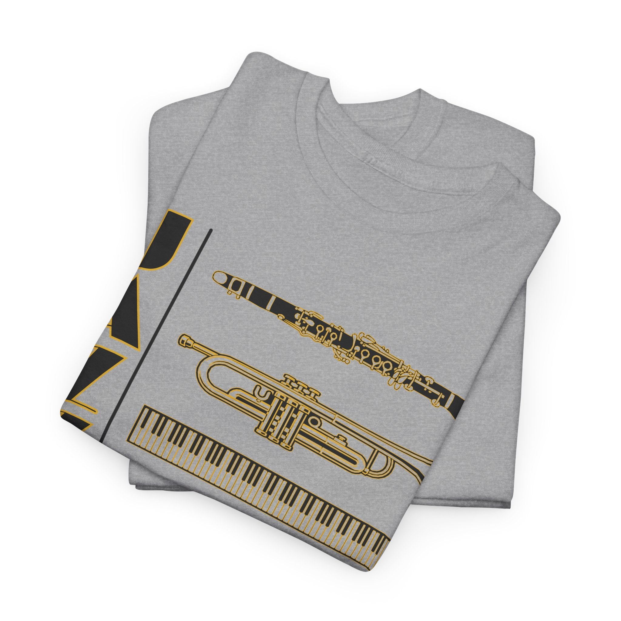 Jazz musical instruments t shirt in various colours with text saying ‘JAZZ’