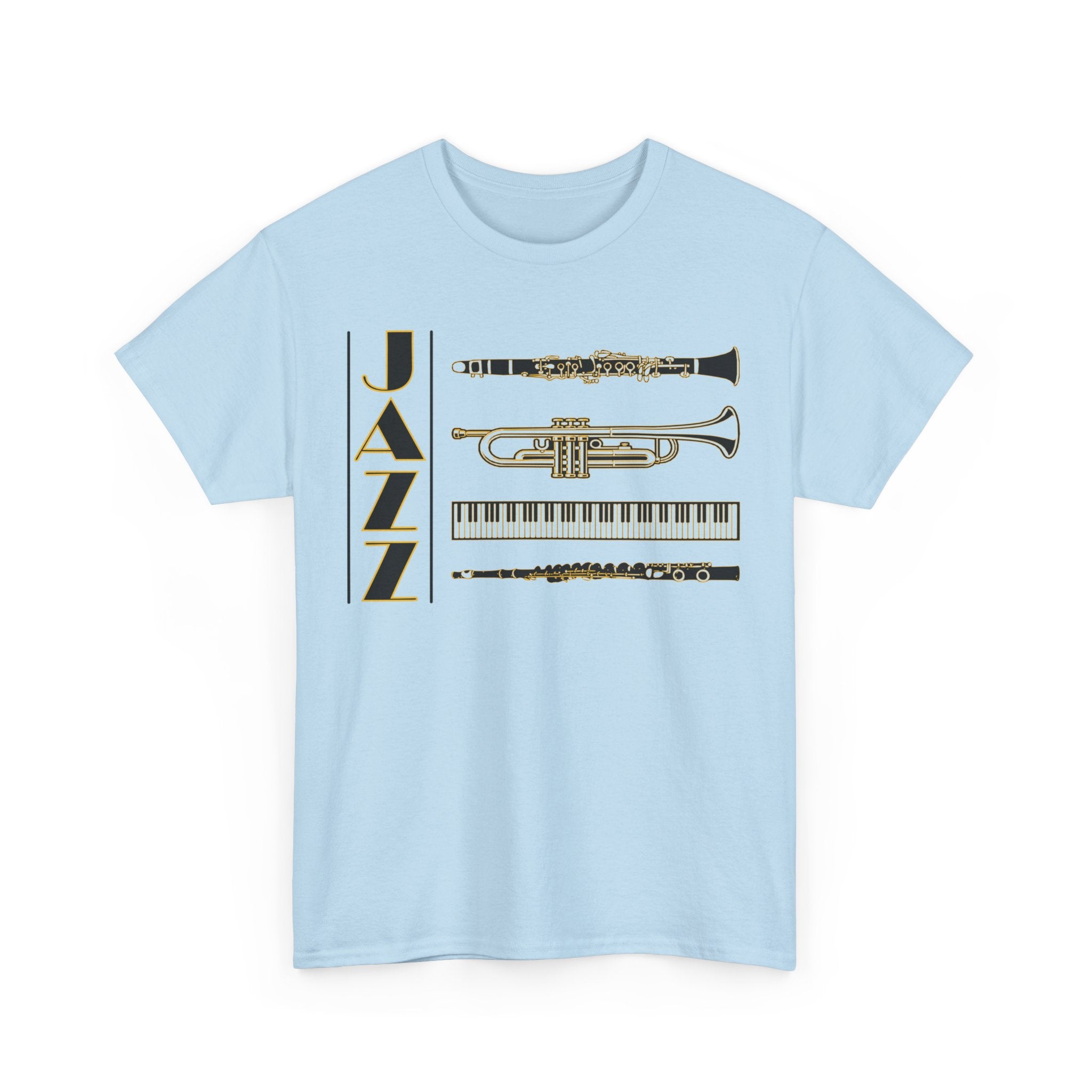 Jazz musical instruments t shirt in various colours with text saying ‘JAZZ’