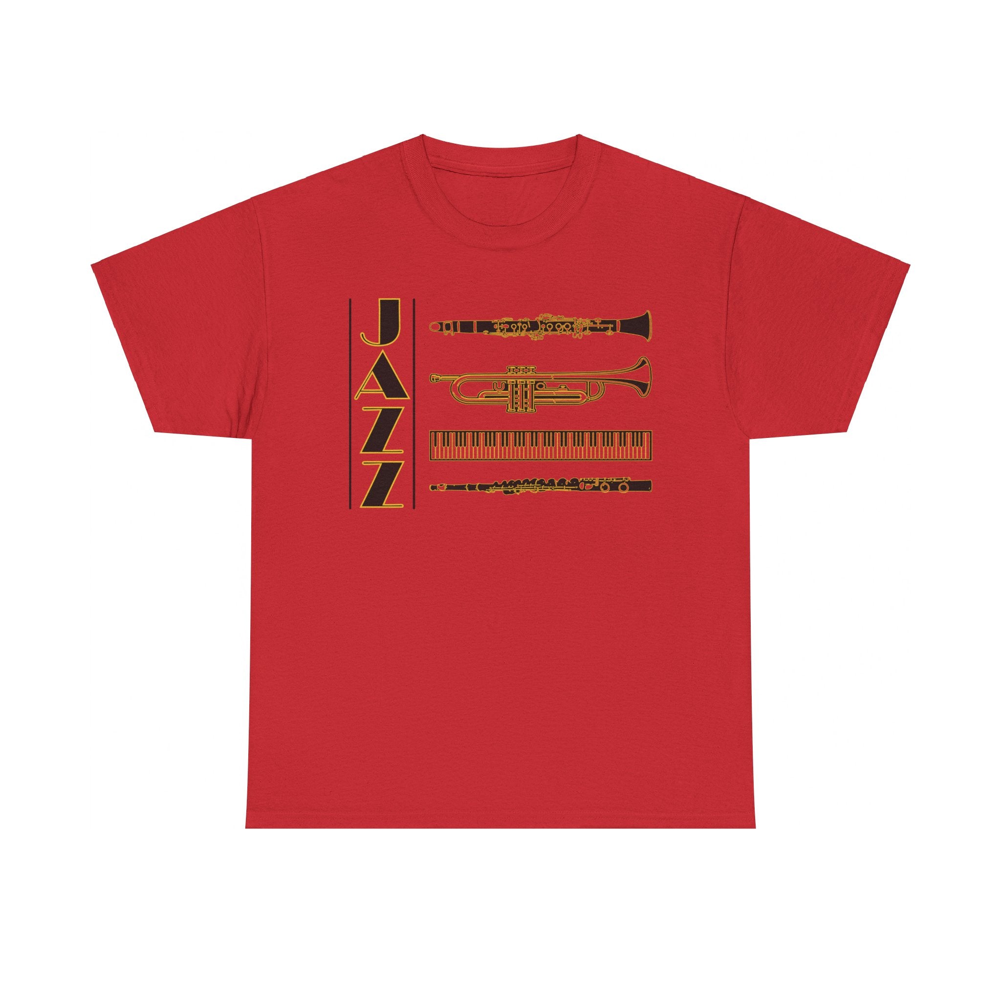 Jazz musical instruments t shirt in various colours with text saying ‘JAZZ’