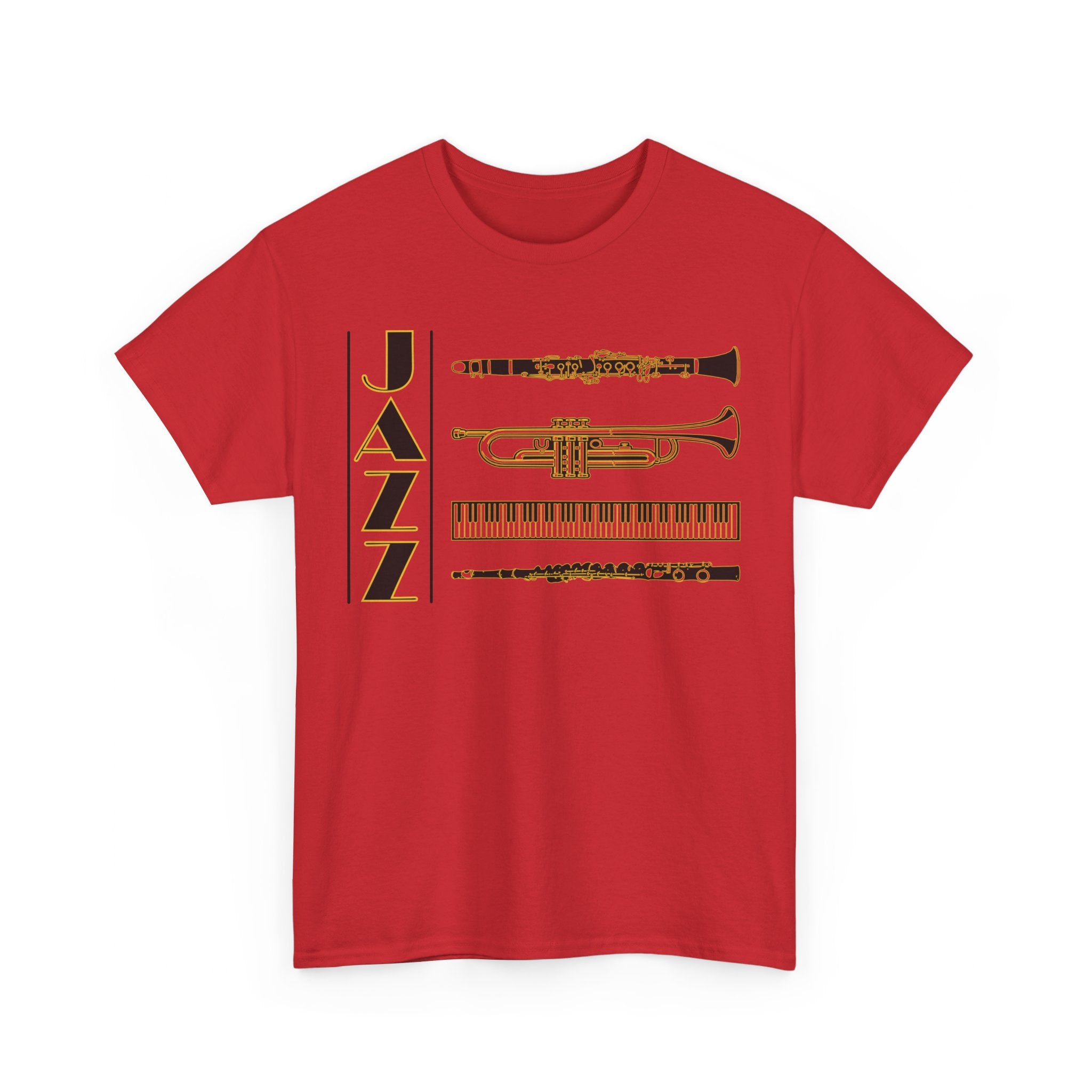 Jazz musical instruments t shirt in various colours with text saying ‘JAZZ’