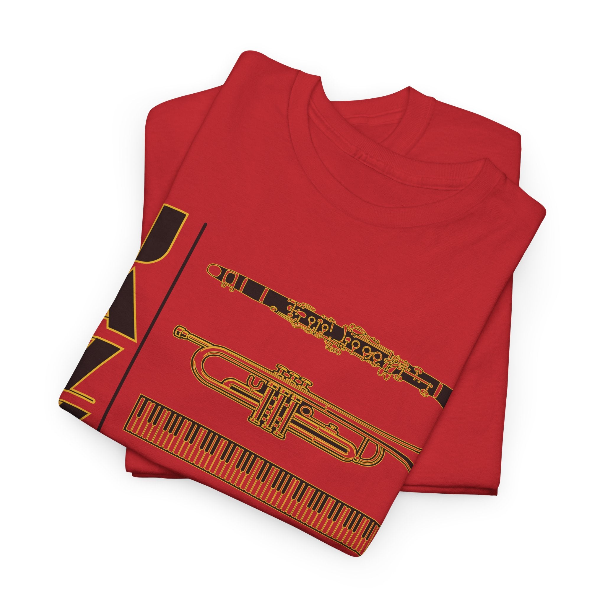 Jazz musical instruments t shirt in various colours with text saying ‘JAZZ’