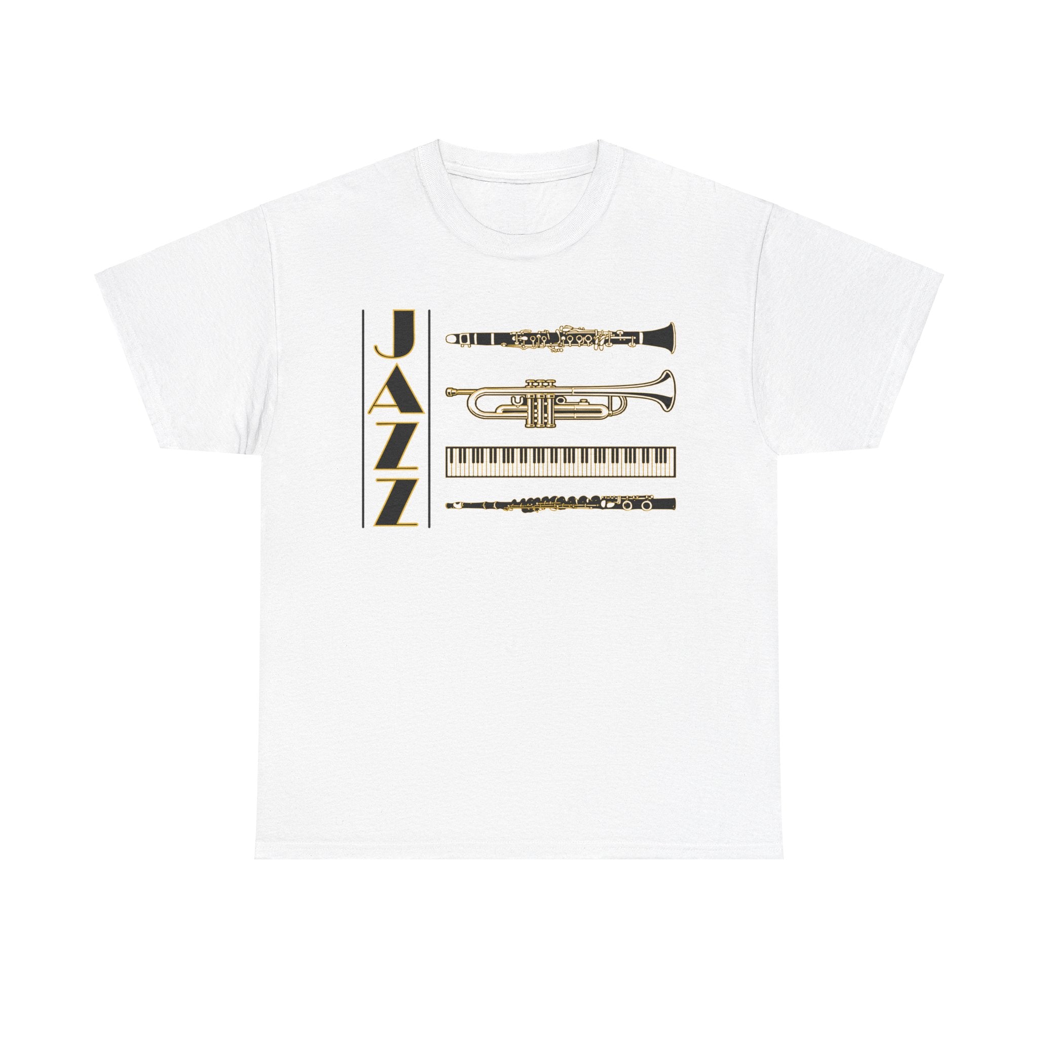 Jazz musical instruments t shirt in various colours with text saying ‘JAZZ’